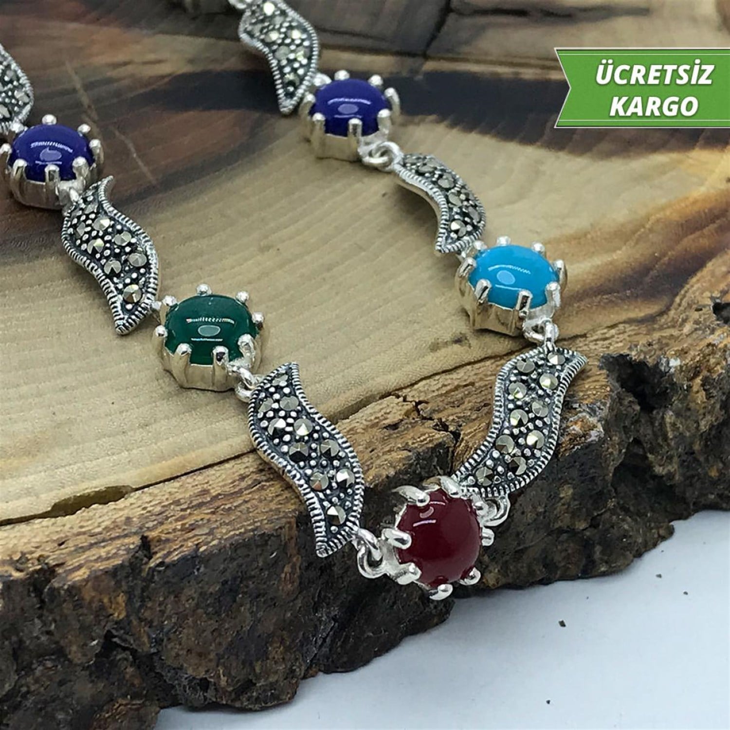 Doğal Sıra Taşlı Es Model Markazit Bayan Gümüş Bileklik