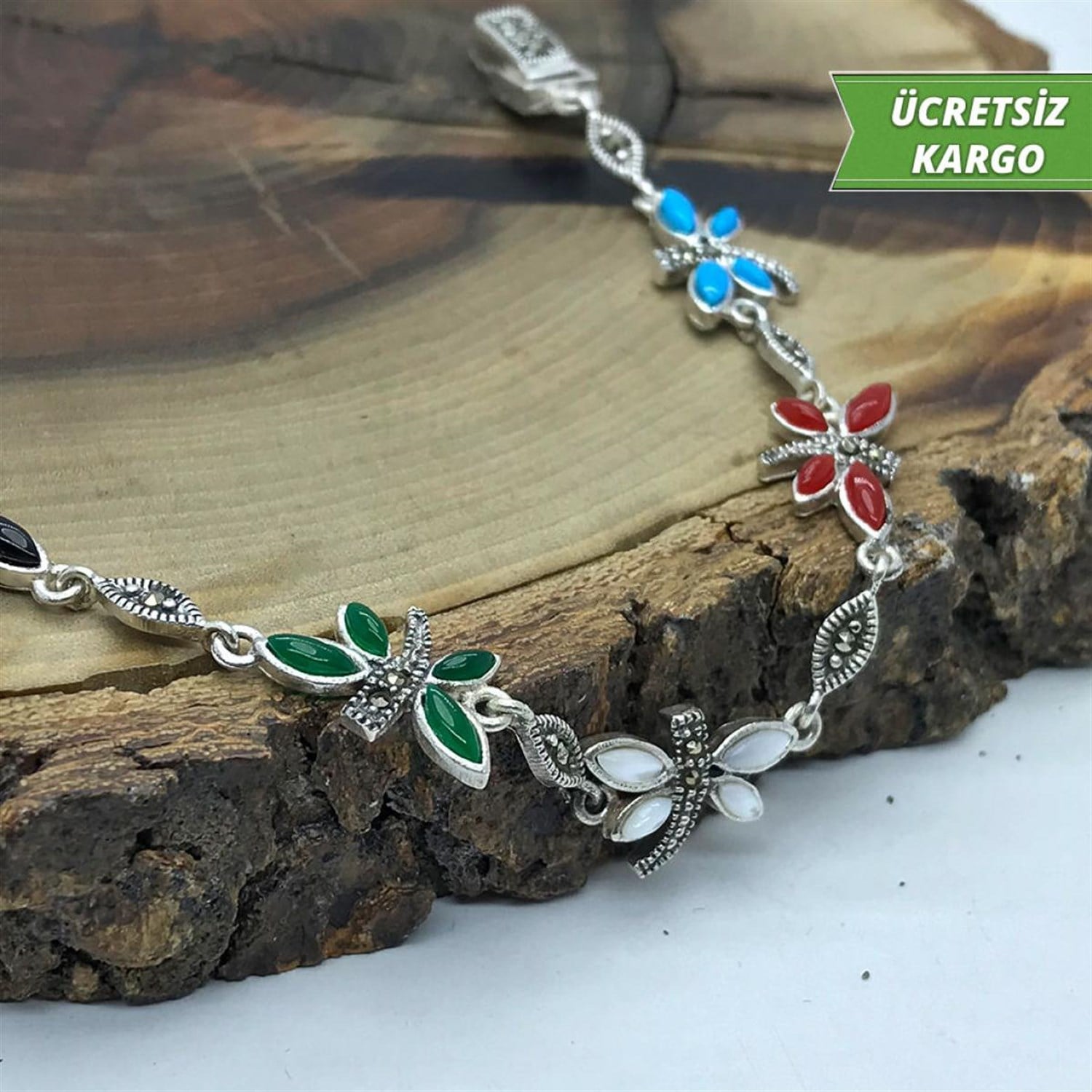 Doğal Sıra Taşlı Kelebek Model Markazit Bayan Gümüş Bileklik 