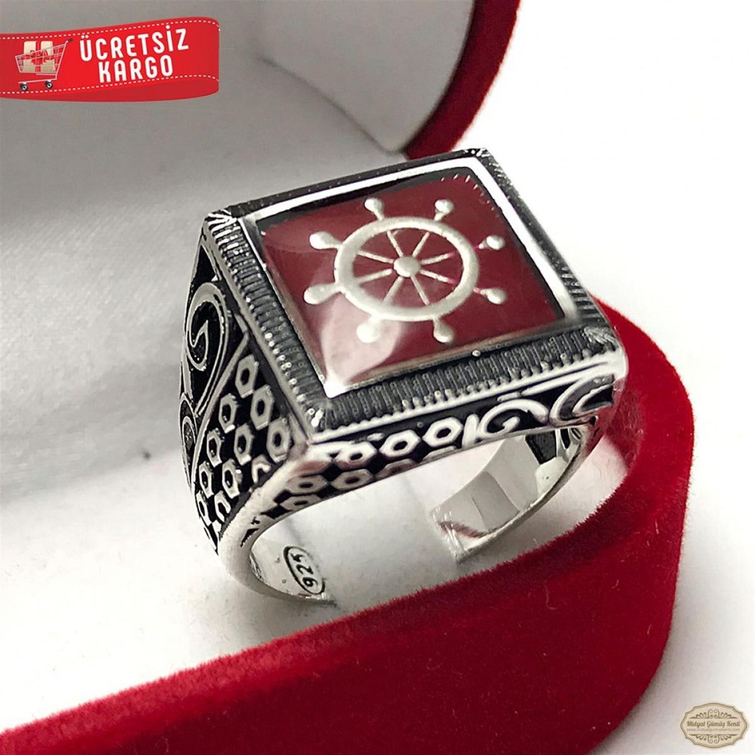 Dümen Model işlemeli Kırmızı Mineli 925 Ayar Gümüş Erkek Yüzük