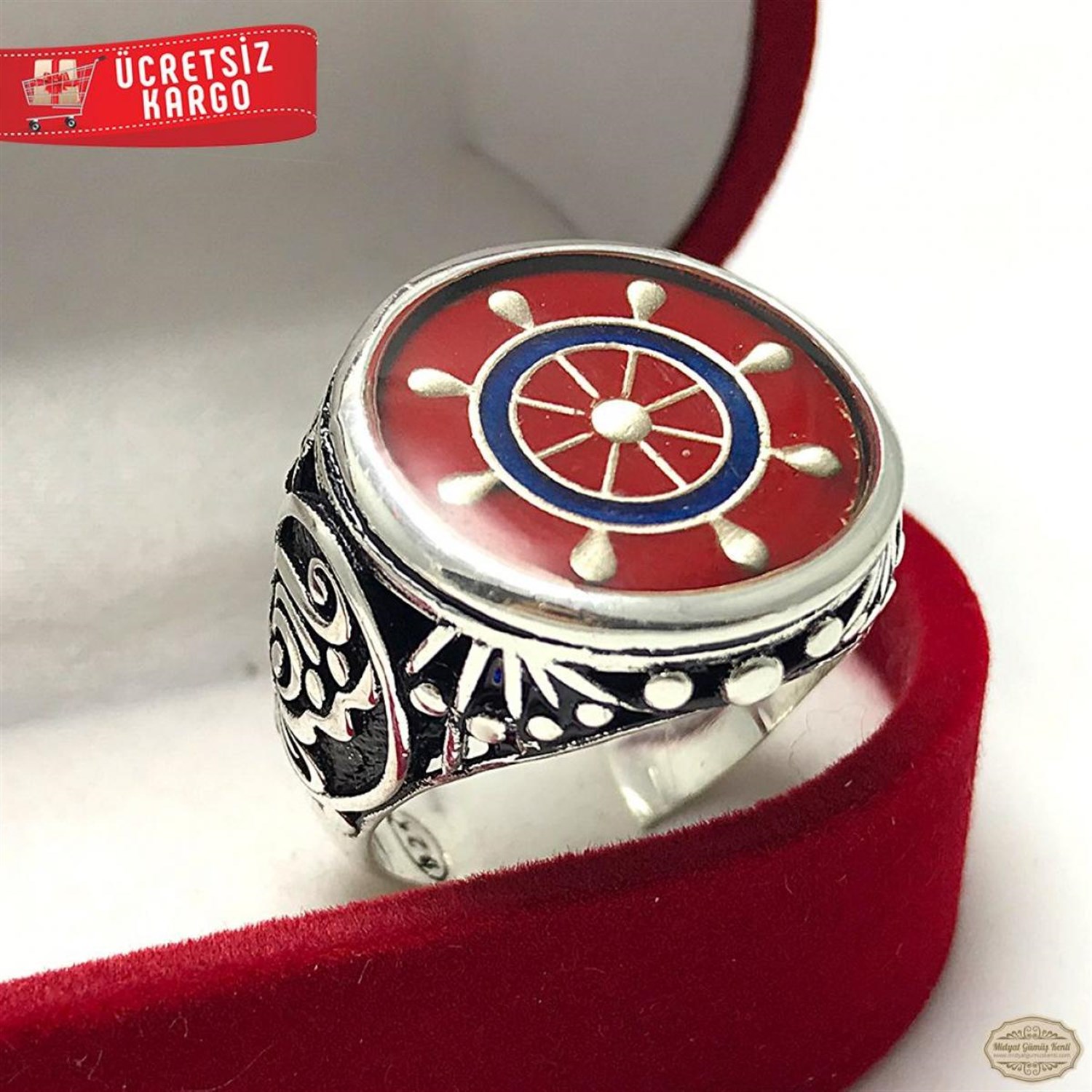 Dümen Model işlemeli Kırmızı Mineli 925 Ayar Gümüş Erkek Yüzük