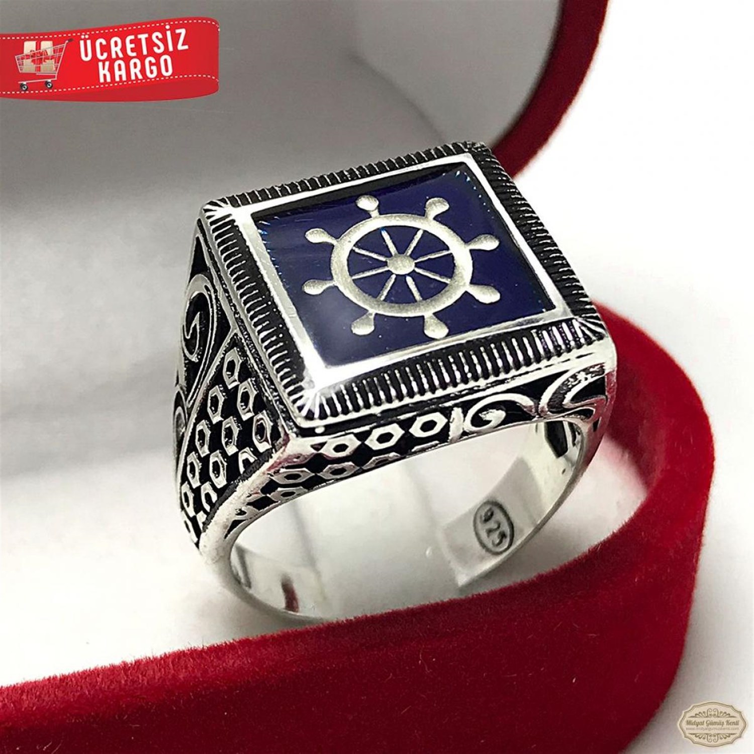 Dümen Model işlemeli Mavi Mineli 925 Ayar Gümüş Erkek Yüzük