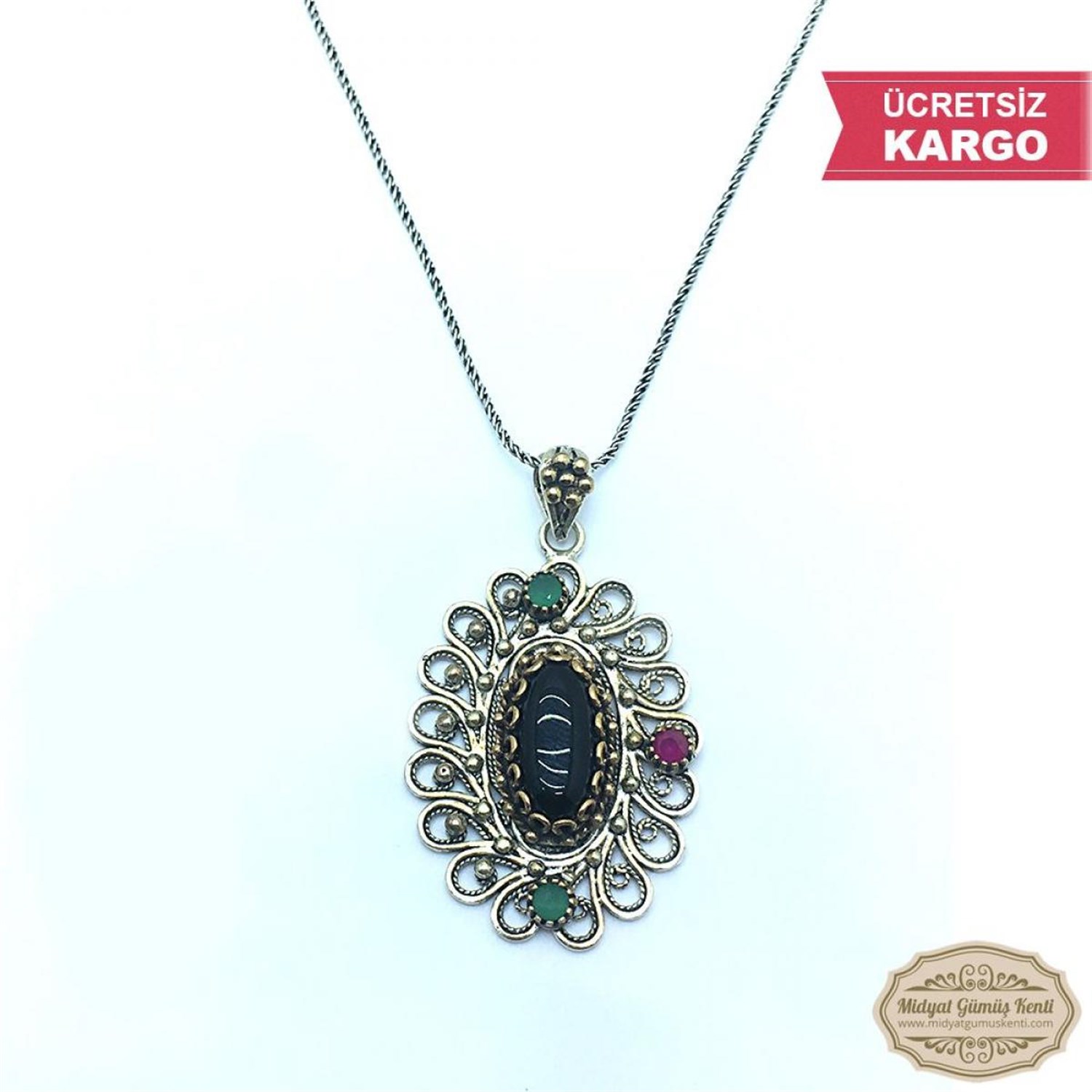 Elips Model Bayan Oksitli Telkari Gümüş Kolye Ucu