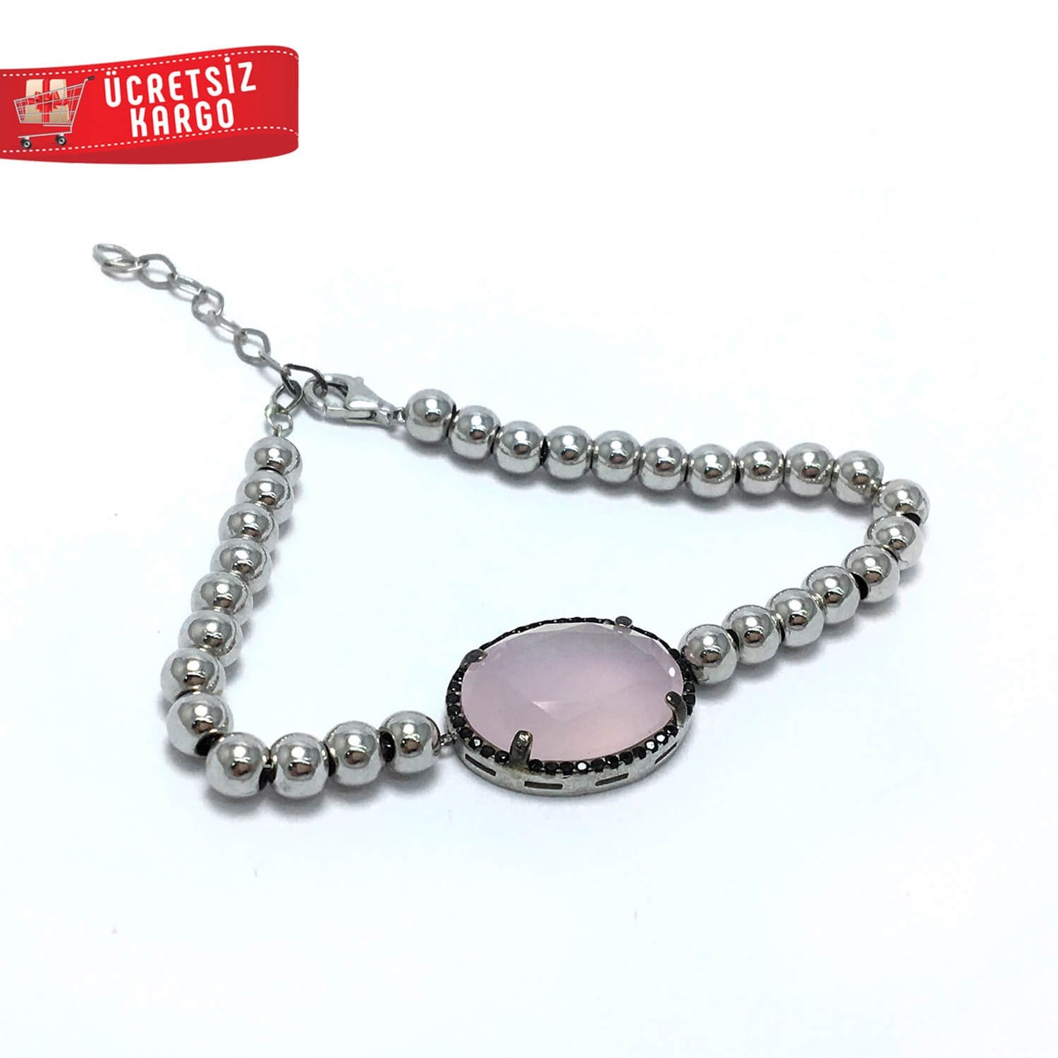 Elips Tasarım Pembe Kuvars Taşlı Bayan Gümüş Bileklik 