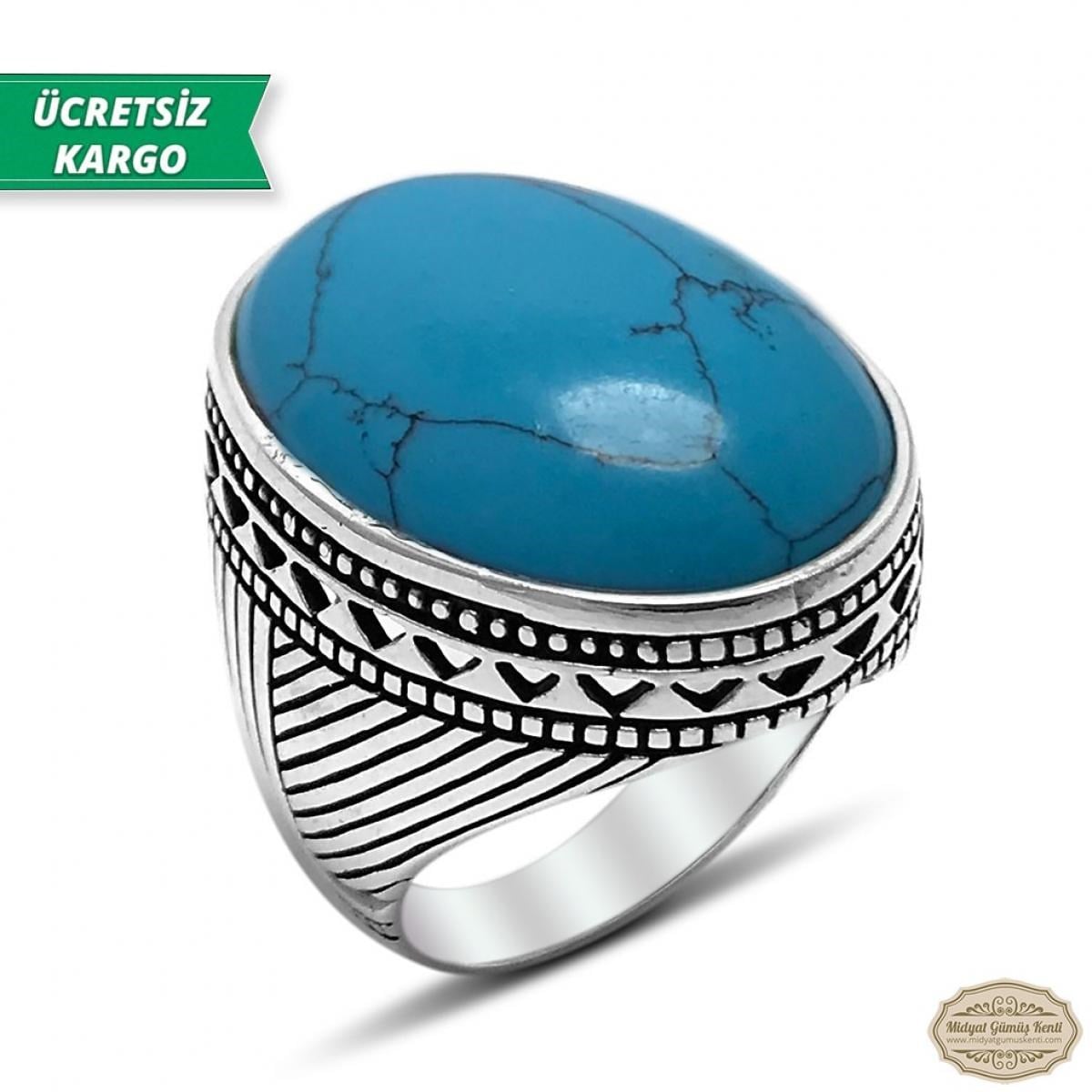 Firuze Taşlı Çizgili Model 925 Ayar Gümüş Erkek Yüzük