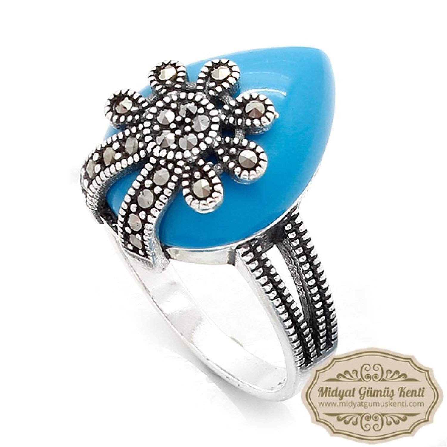 Firuze Taşlı Damla Model 925 Ayar Bayan Markazit Gümüş Yüzük