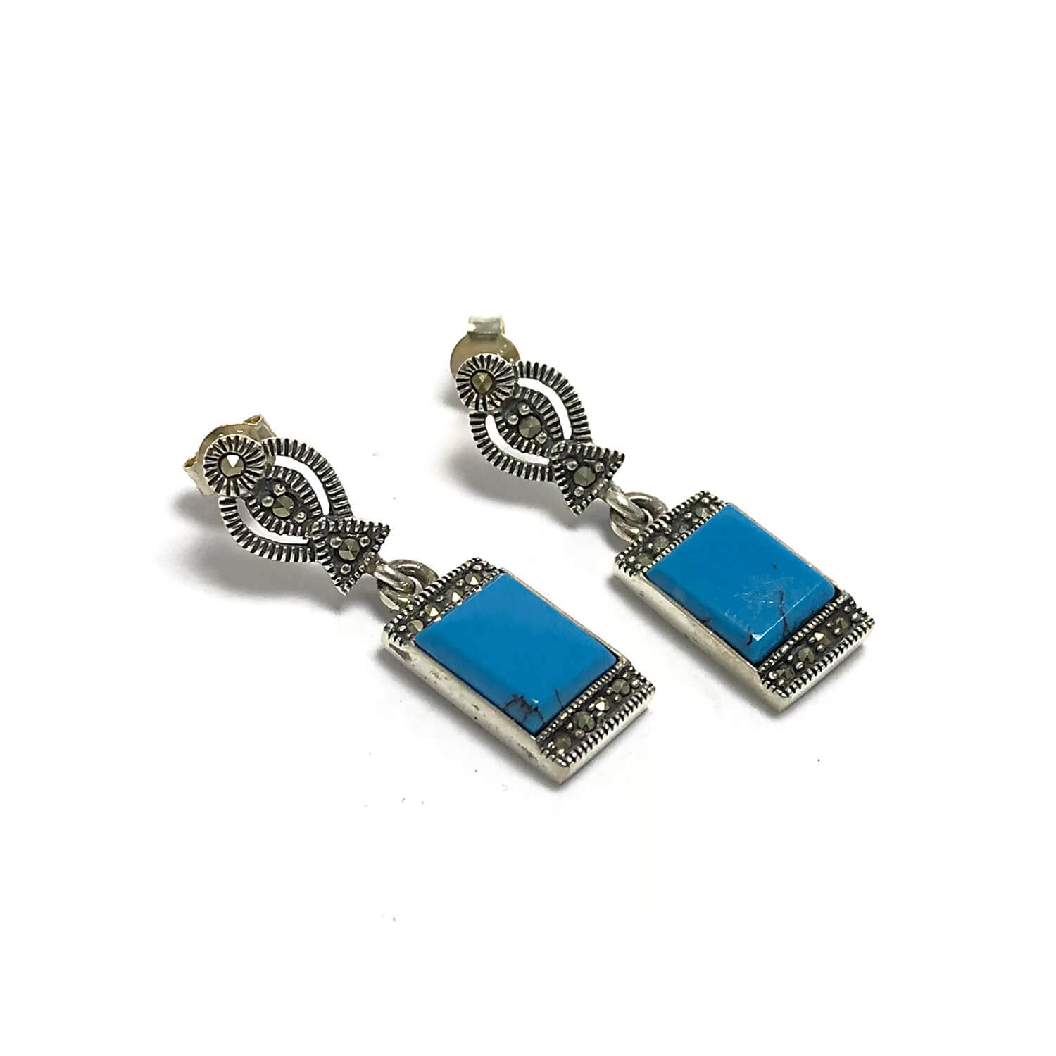 Firuze Taşlı Dikdörtgen Model 925 Ayar Markazit Gümüş Küpe