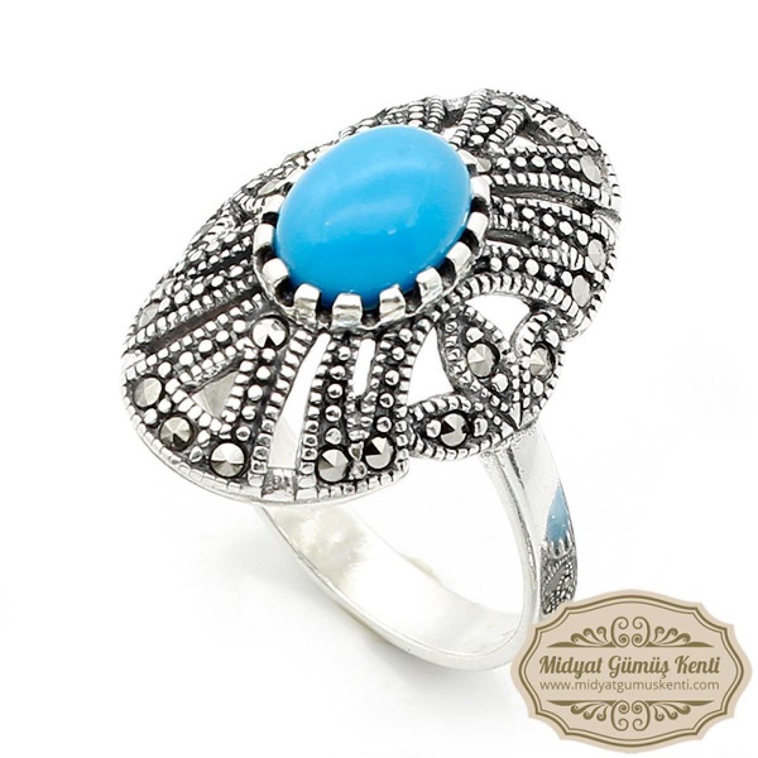 Firuze Taşlı Elips Model 925 Ayar Bayan Markazit Gümüş Yüzük