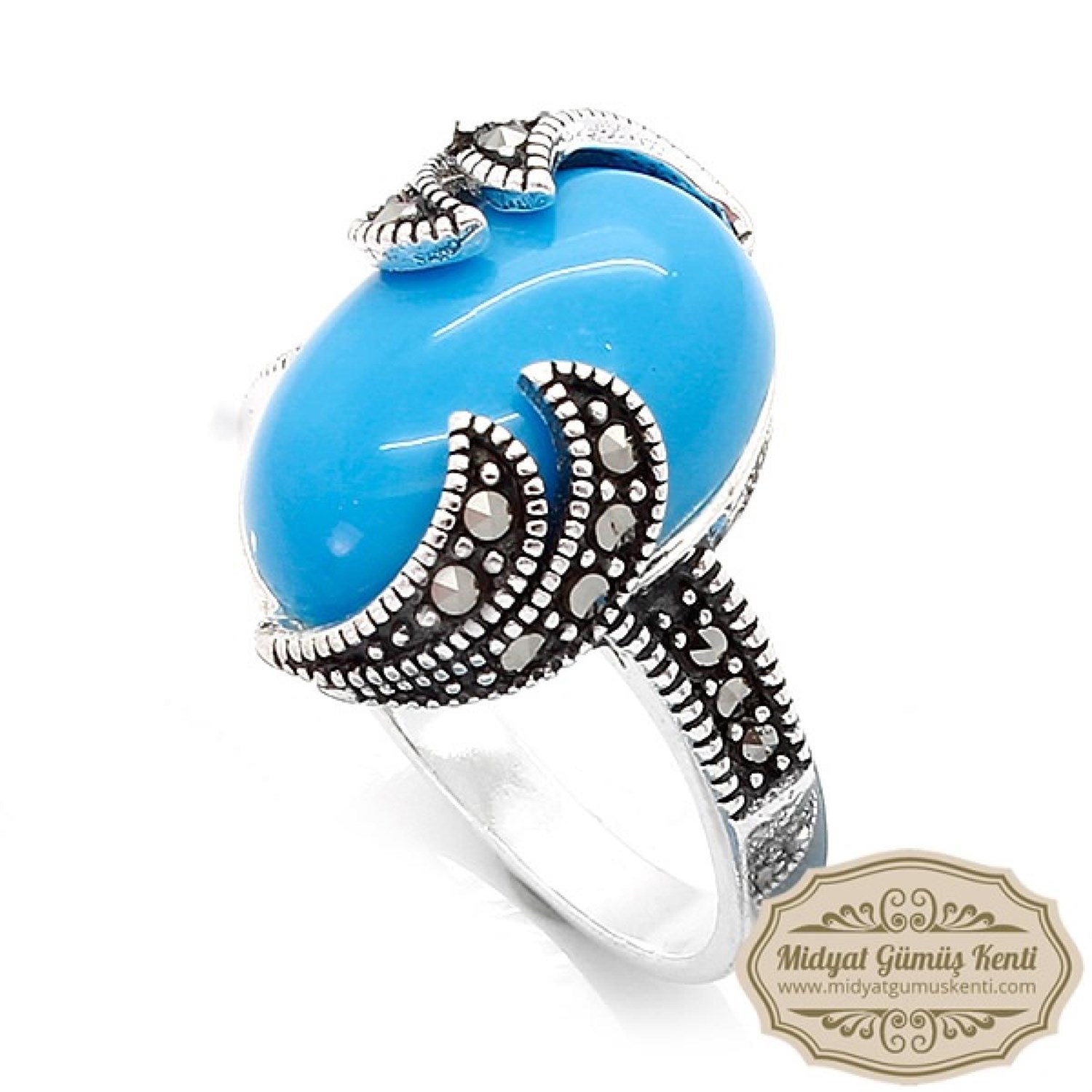 Firuze Taşlı Elips Model 925 Ayar Bayan Markazit Gümüş Yüzük