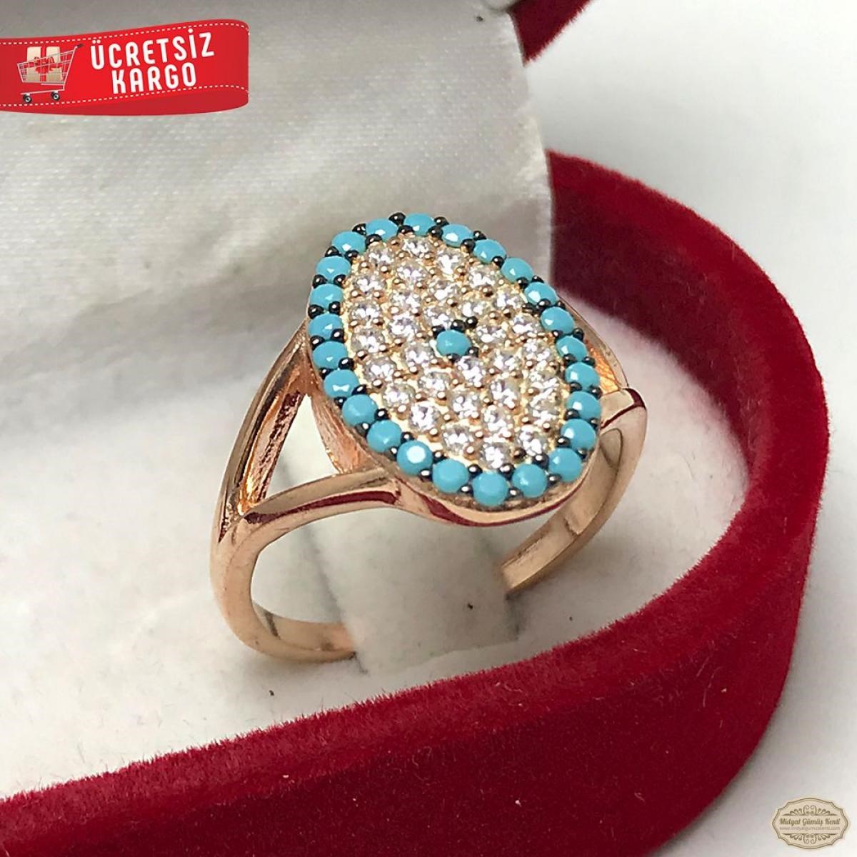 Firuze Taşlı Elips Model Rozlu 925 Ayar Gümüş Yüzük