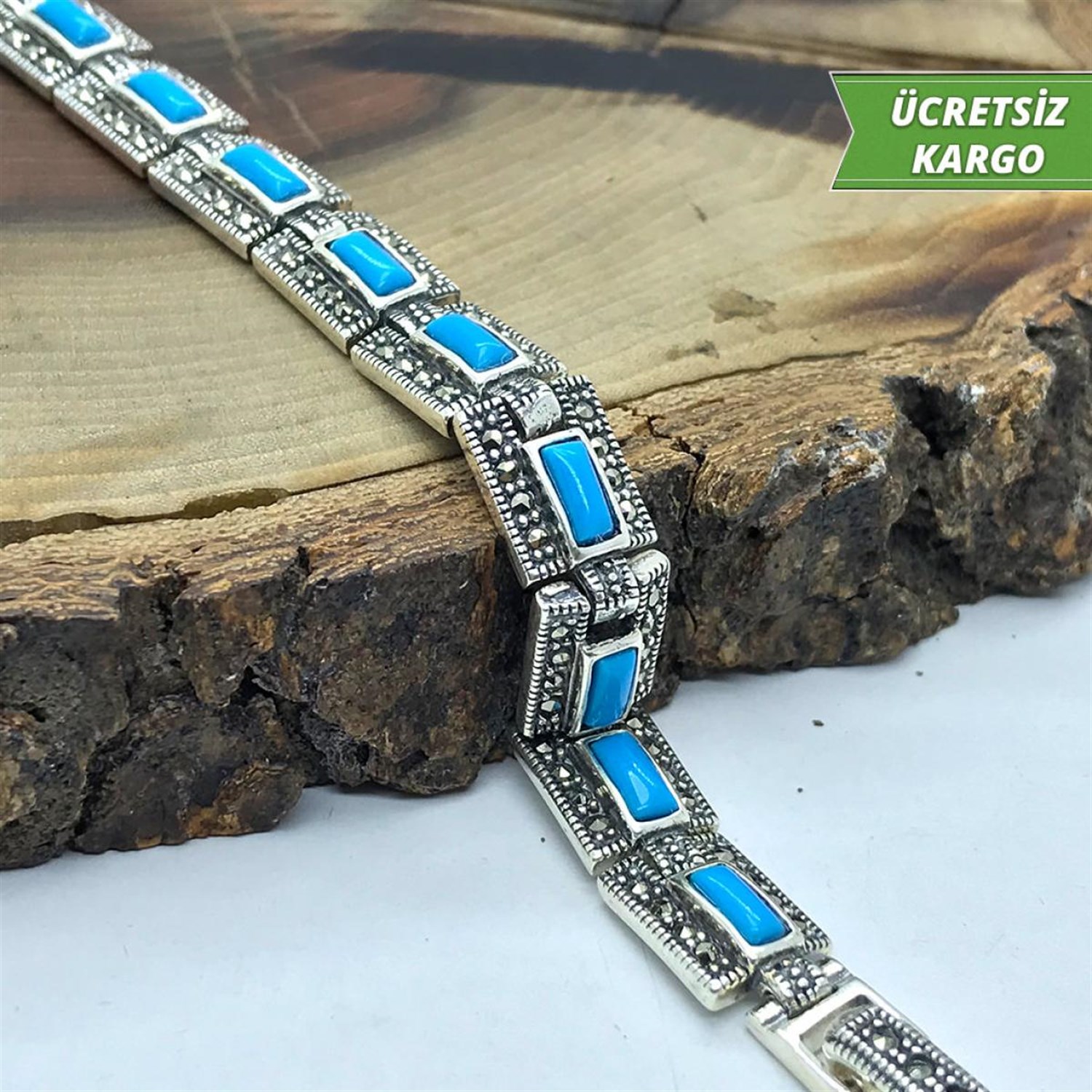 Firuze Taşlı Kare Model Markazit Bayan Gümüş Bileklik