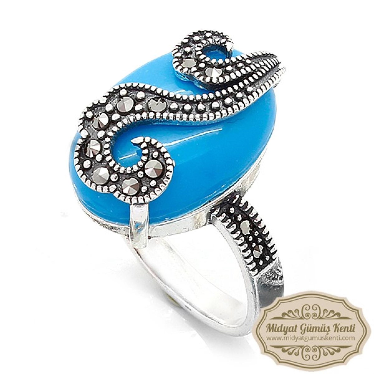 Firuze Taşlı Sarmaşık İşlemeli Elips Model 925 Ayar Bayan Markazit Gümüş Yüzük