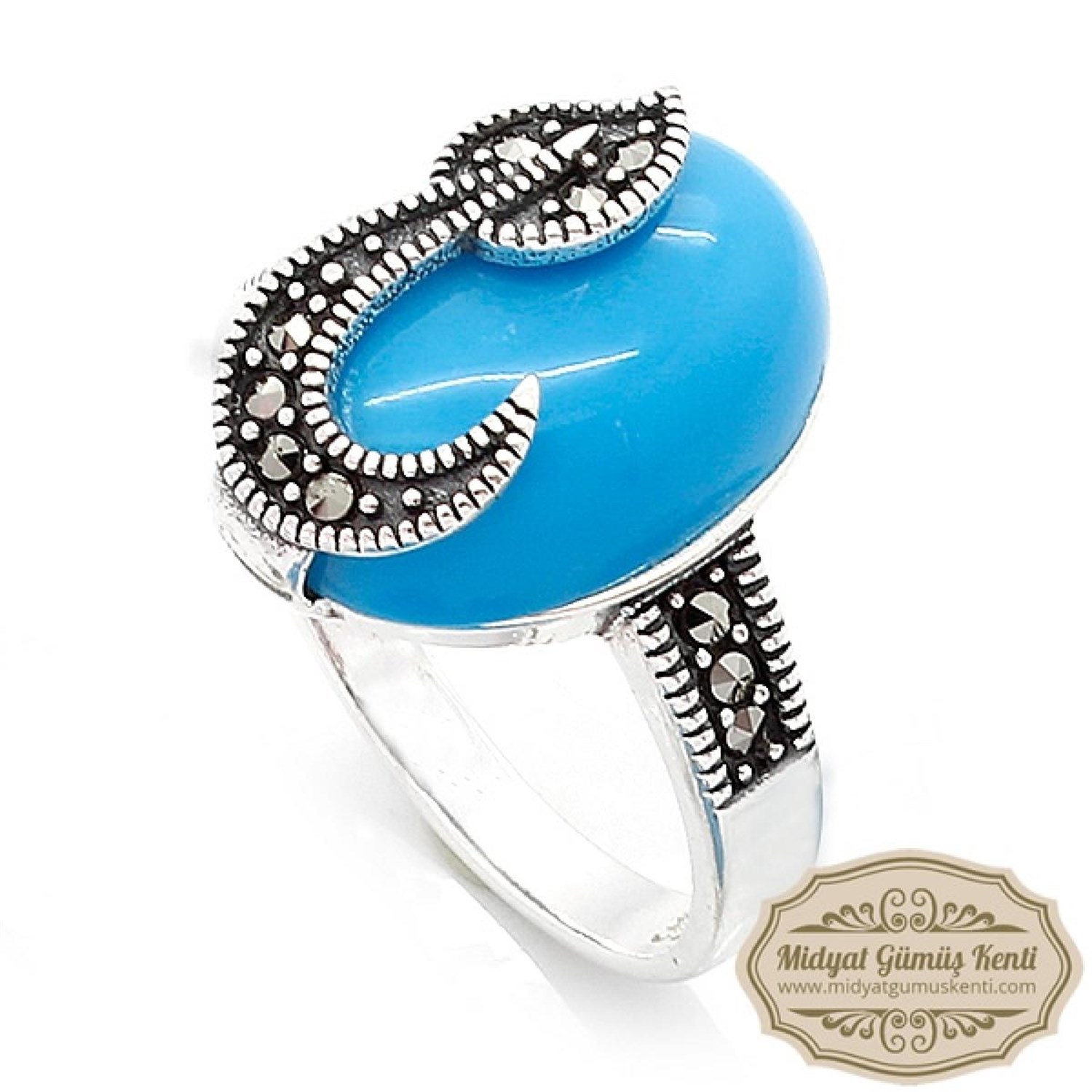 Firuze Taşlı Vav Model 925 Ayar Bayan Markazit Gümüş Yüzük