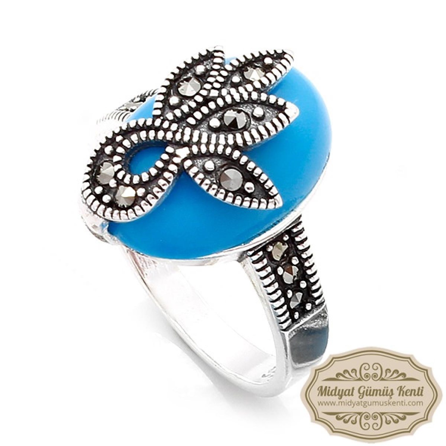 Firuze Taşlı Yaprak Model 925 Ayar Bayan Markazit Gümüş Yüzük