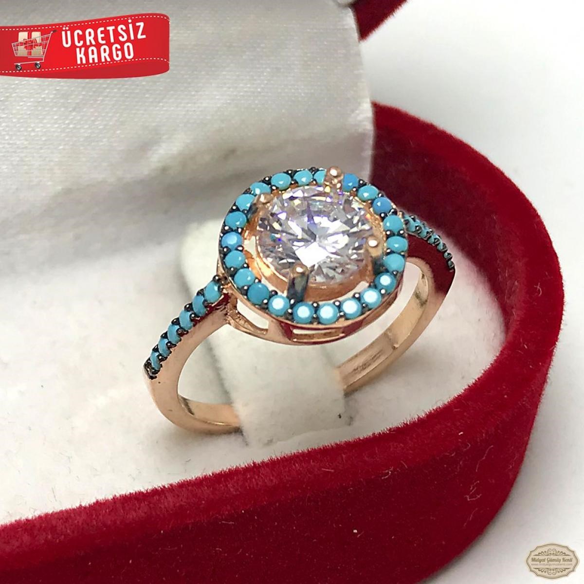 Firuze Taşlı Yuvarlak Model Rozlu 925 Ayar Gümüş Yüzük 