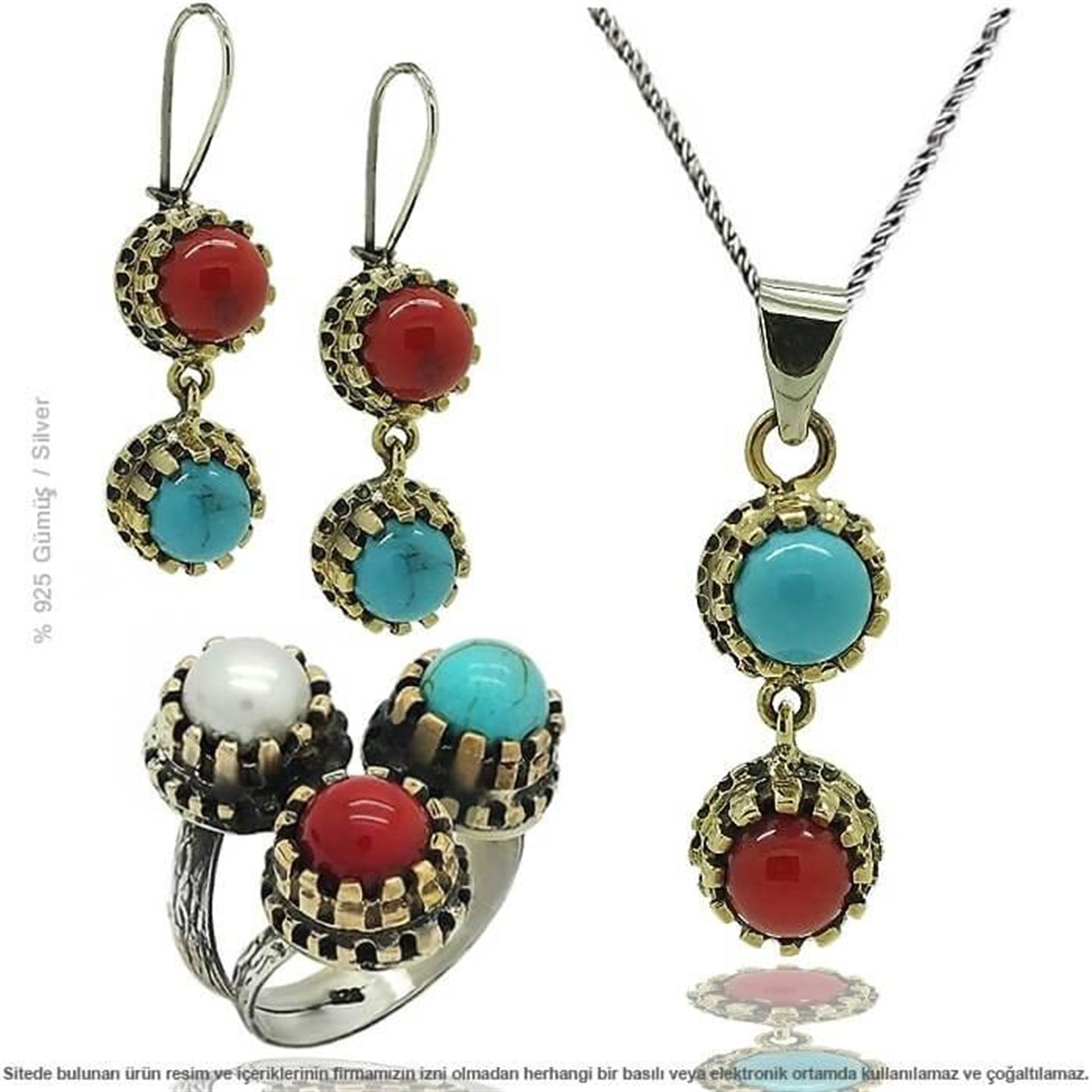 Gümüş Doğal Taşlı Otantik Bayan Set