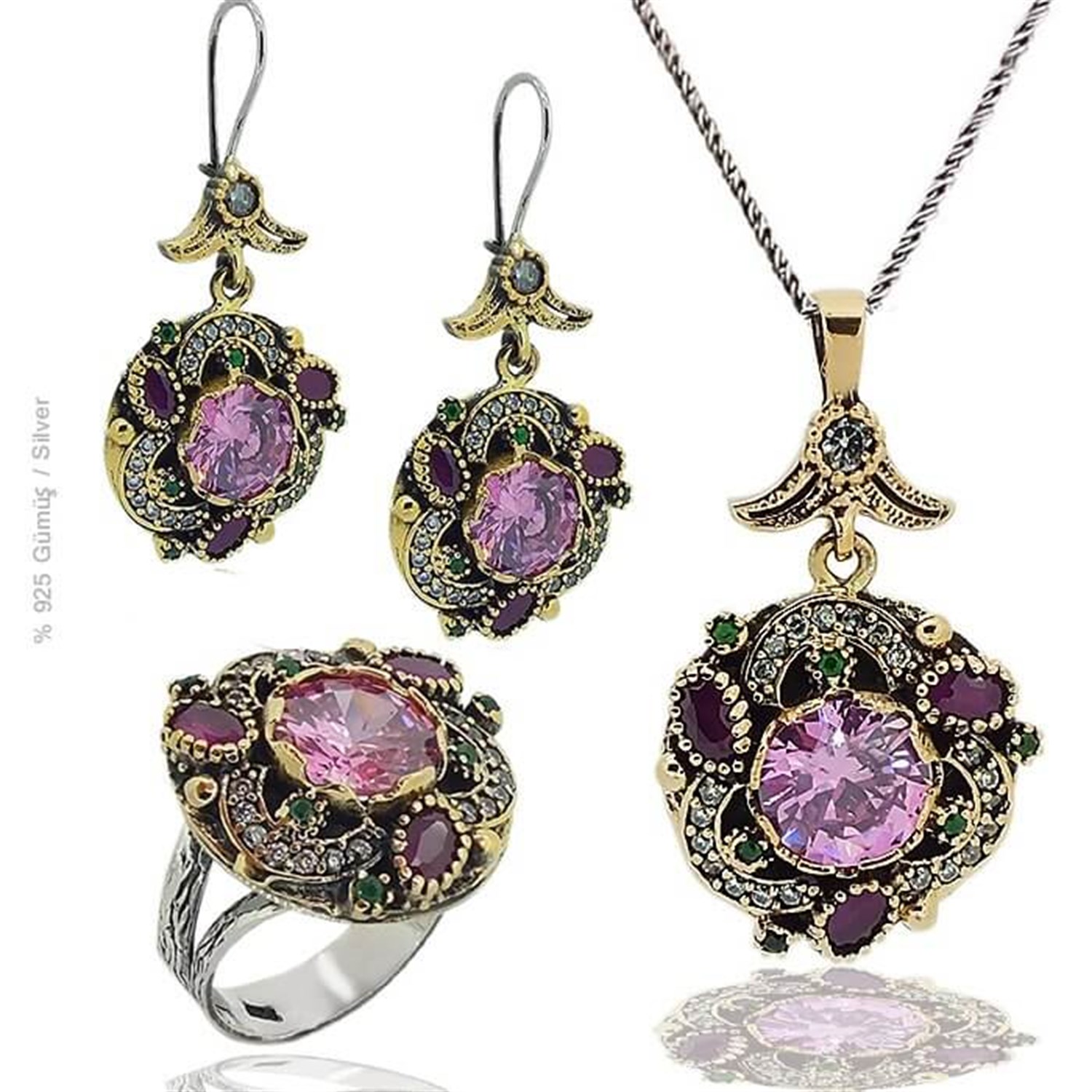 Gümüş Pembe Taşlı Otantik Set Takı