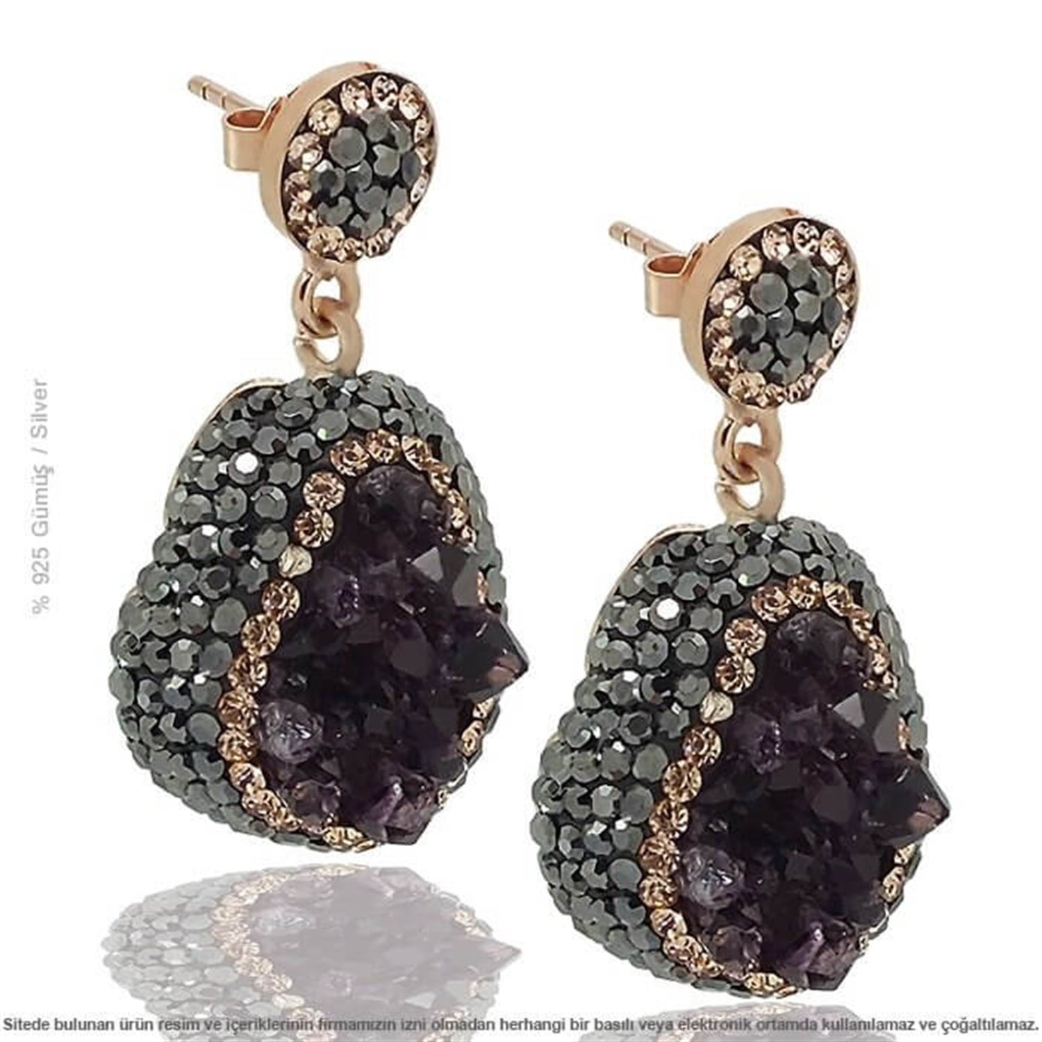 Gümüş Swarovski Taşlı Doğal Ametist Küpe