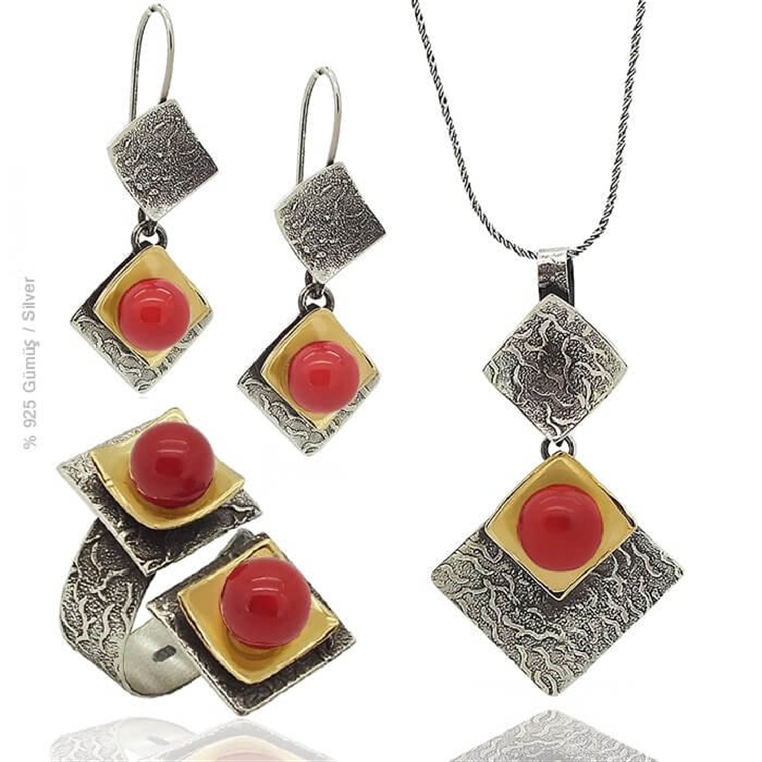 Gümüş Tasarım Doğal Mercan Taşlı Set Takı