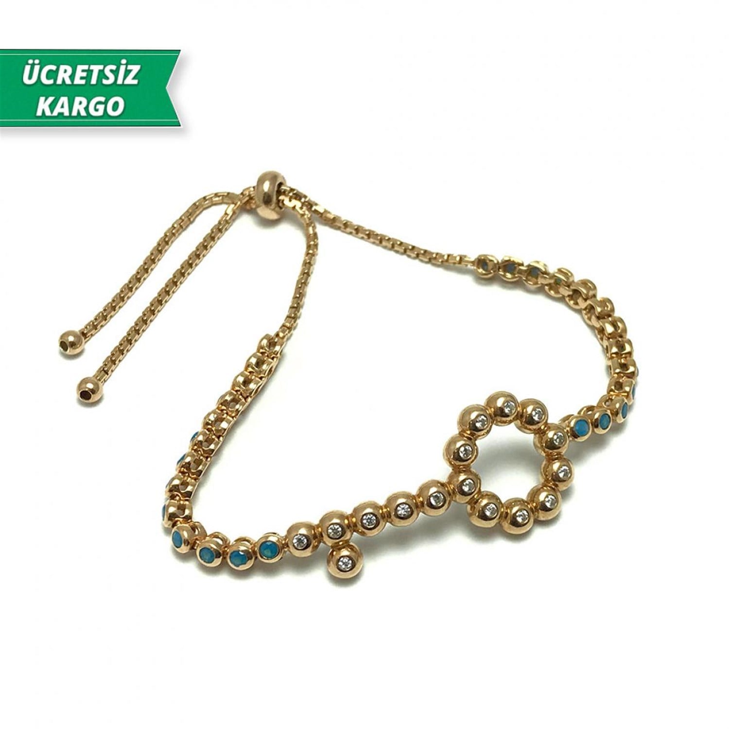 Halka Model Zirkon-Firuze Taşlı Rose Kaplamalı Bayan Gümüş Bileklik