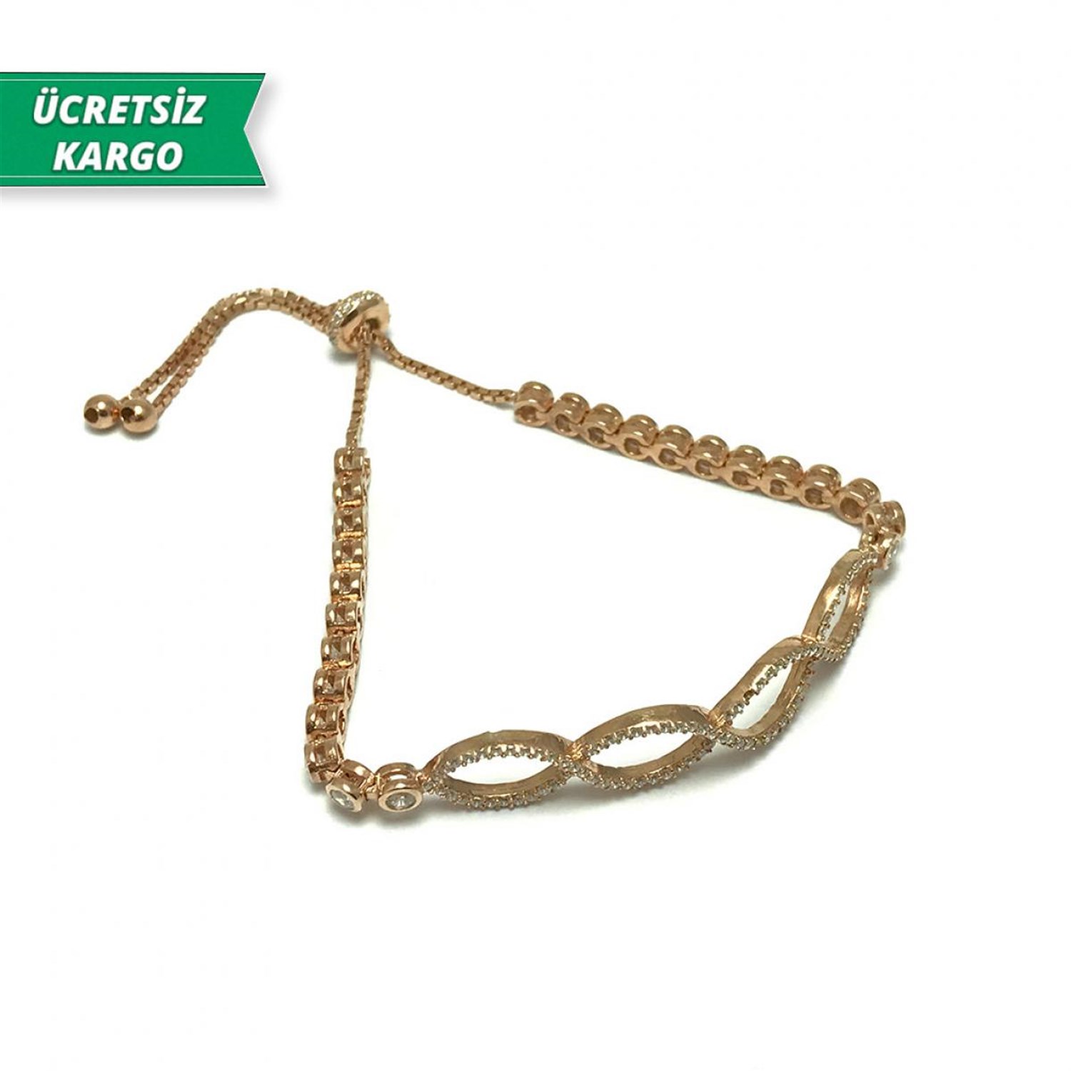 Halkalı Model Zirkon Taşlı Rose Kaplamalı Bayan Gümüş Bileklik 