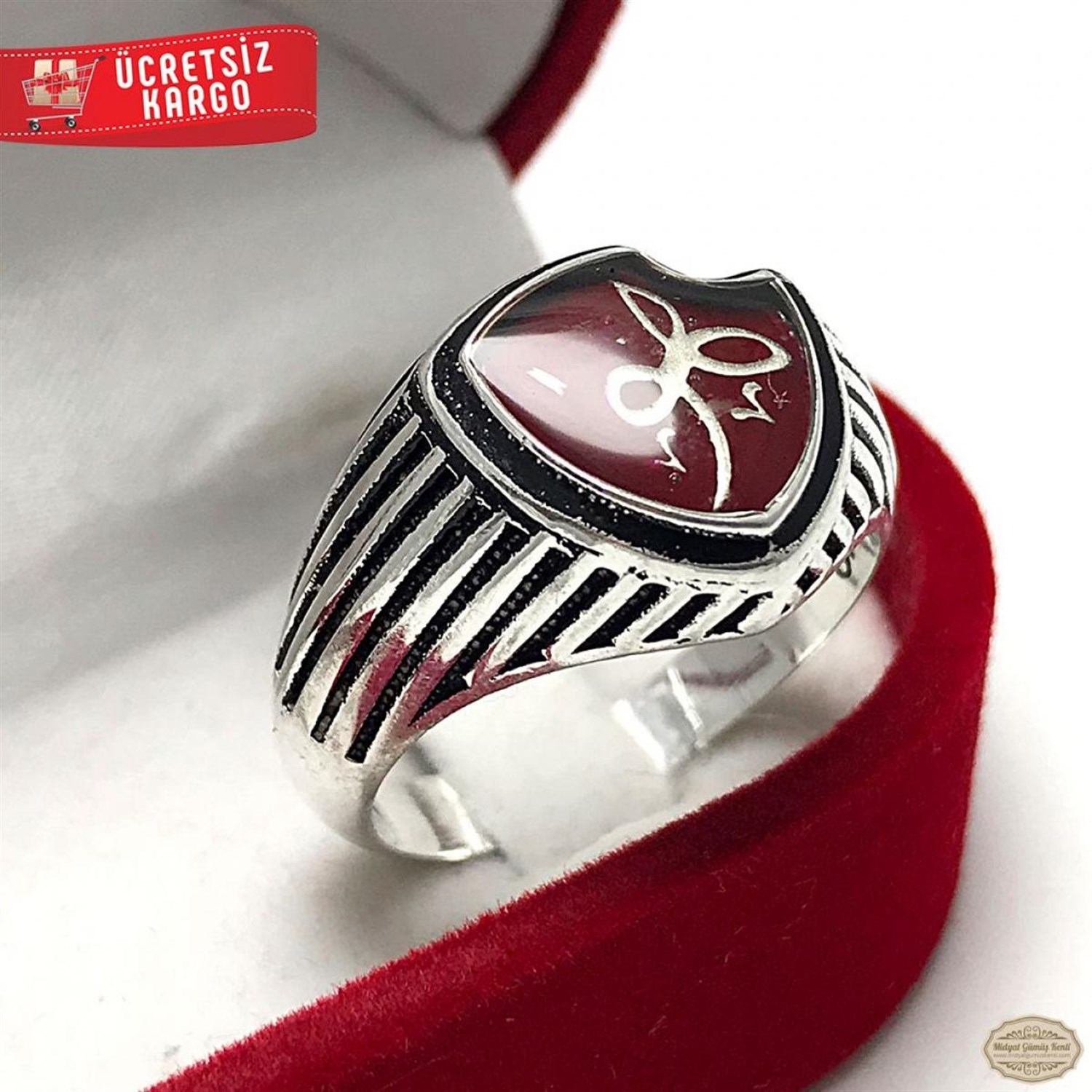 Hu Model işlemeli Mavi Mineli 925 Ayar Gümüş Erkek Yüzük 