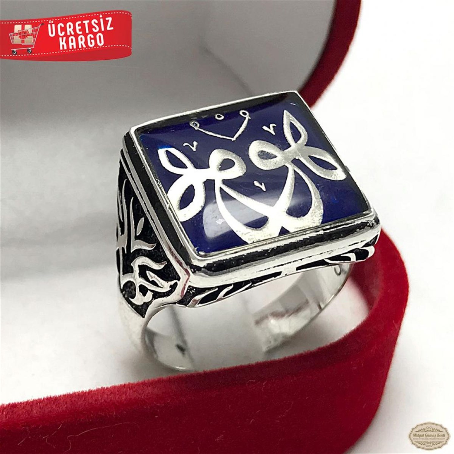 Hu Model işlemeli Mavi Mineli 925 Ayar Gümüş Erkek Yüzük 