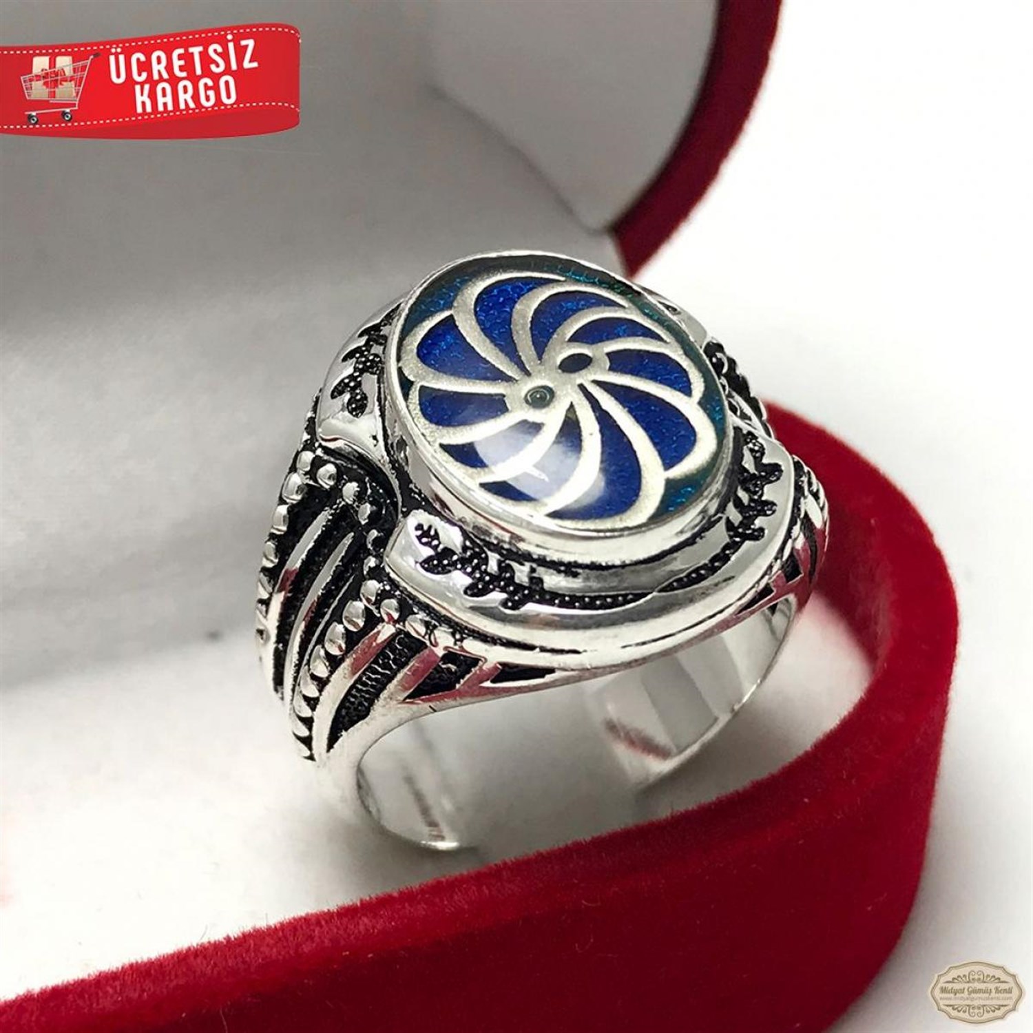 Hu Model işlemeli Mavi Mineli 925 Ayar Gümüş Erkek Yüzük 