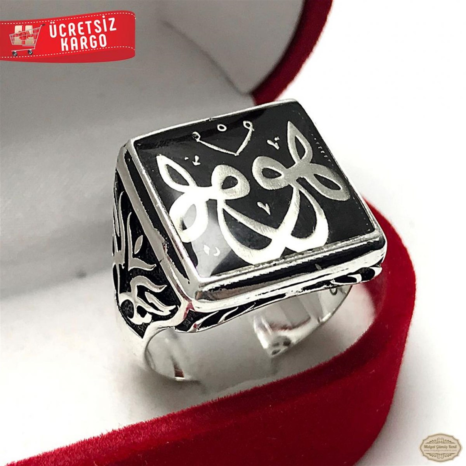 Hu Model işlemeli Siyah Mineli 925 Ayar Gümüş Erkek Yüzük 