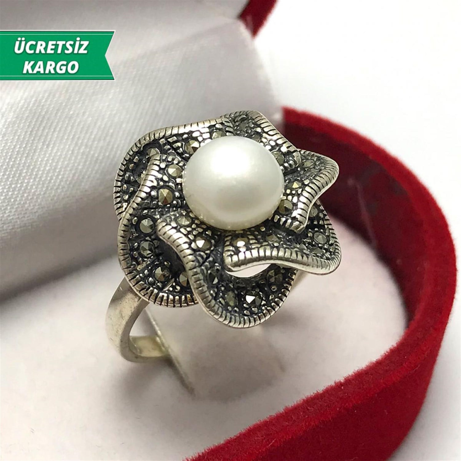 inci Taşlı Papatya Model Markazit Bayan Gümüş Yüzük