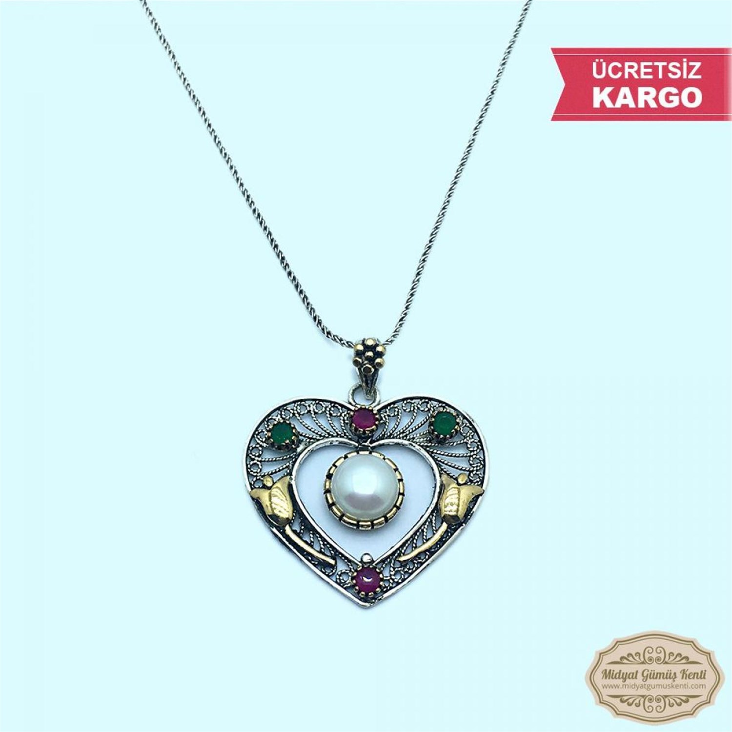 Kalp Model Bayan Oksitli Telkari Gümüş Kolye Ucu