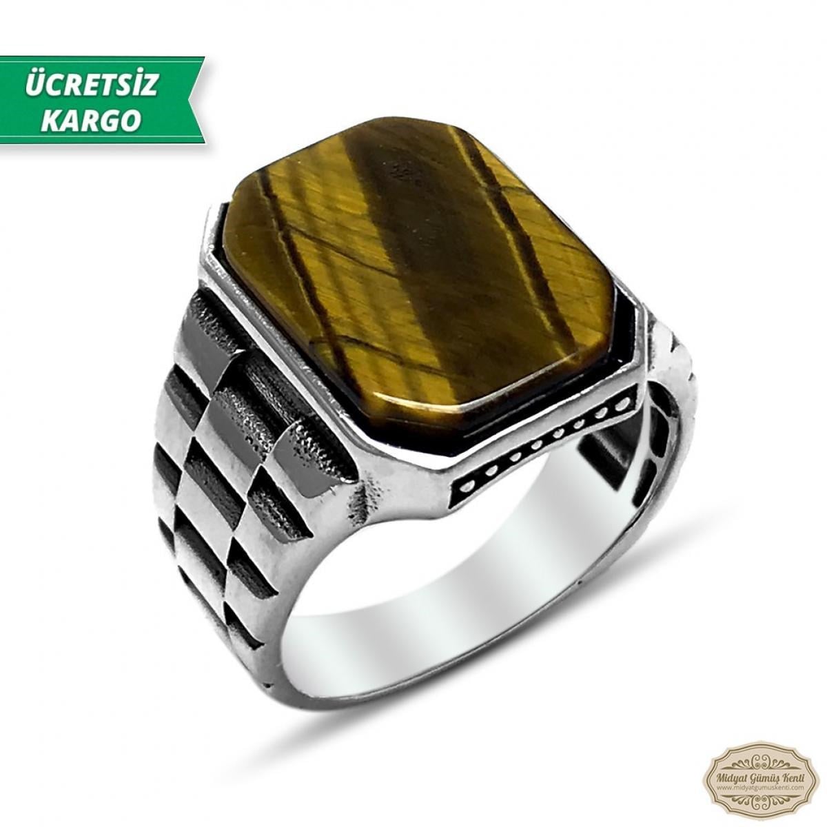 Kaplan Gözü Taşlı Saat Model 925 Ayar Gümüş Erkek Yüzük 