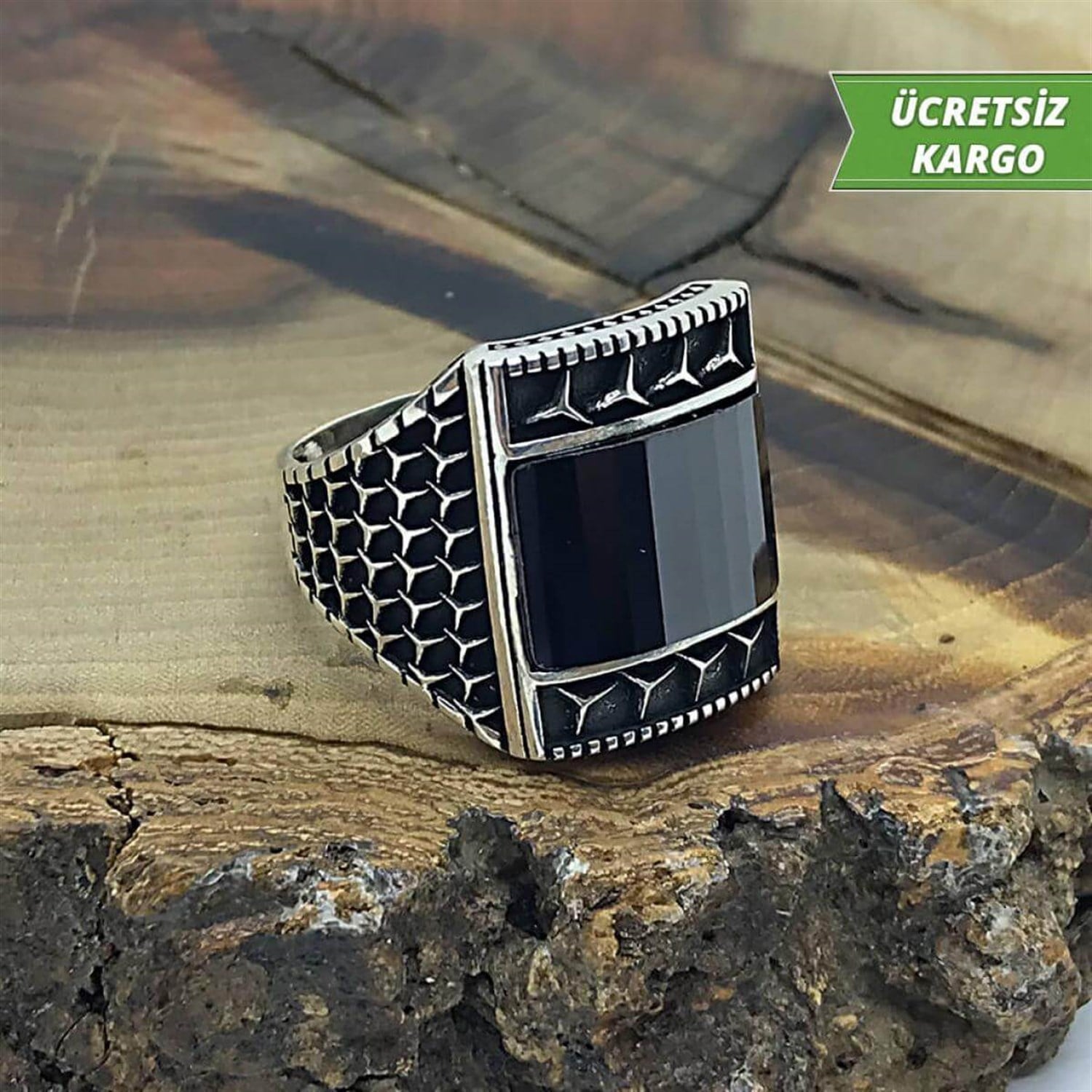 Kare işleme Model Zirkon Taşlı Erkek Gümüş Yüzük