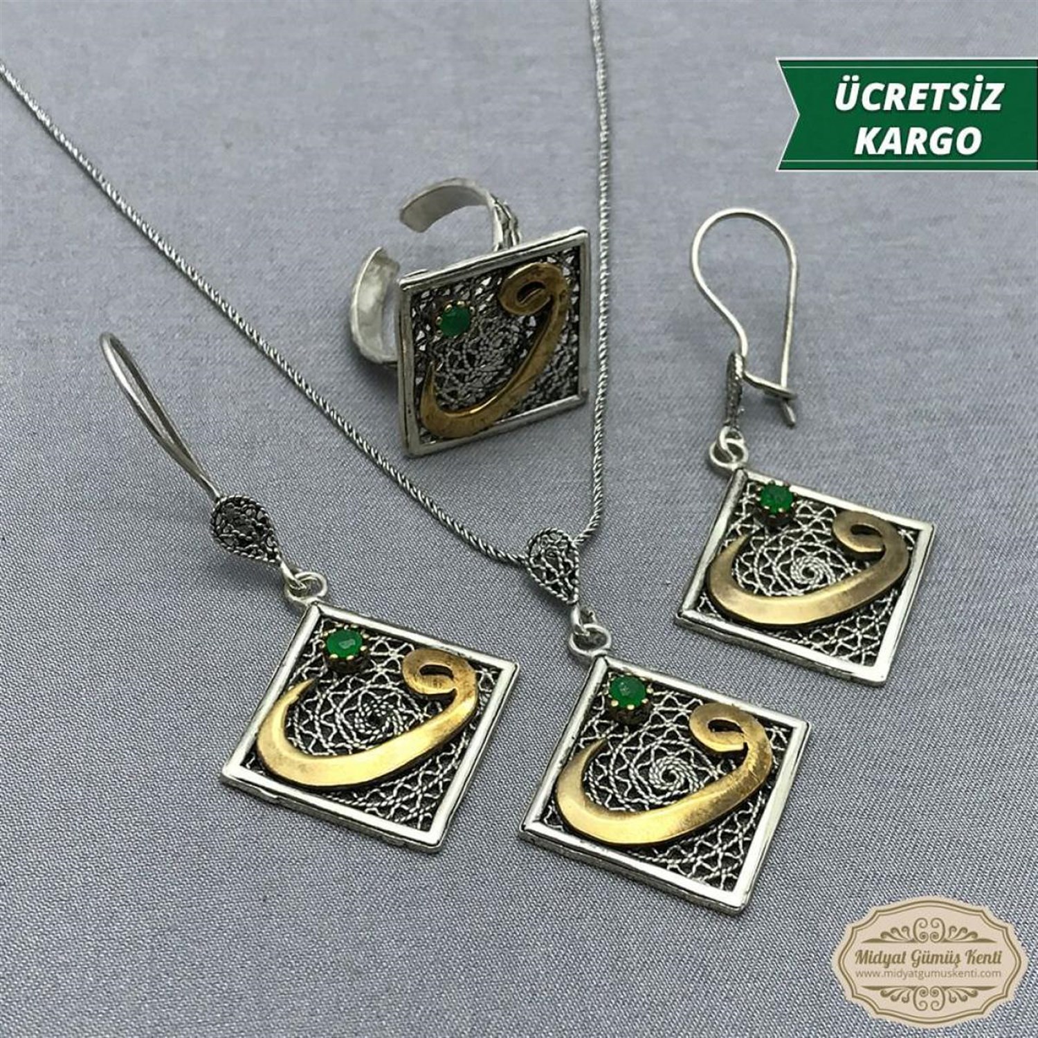 Kare Model VAV işlemeli 925 Ayar Bayan Oksitli Telkari Gümüş Üçlü Set