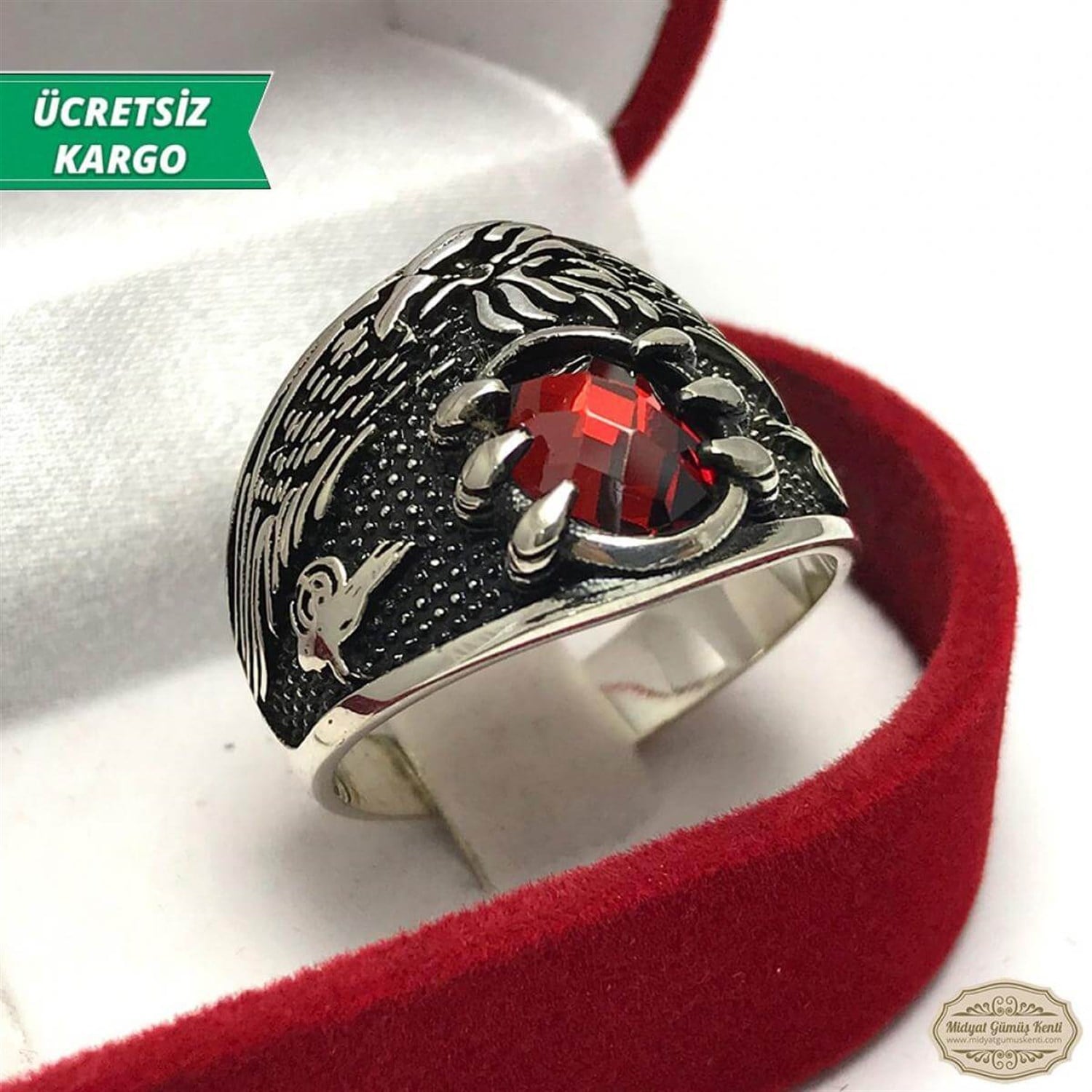 Kartal Model Kök Yakut Taşlı Erkek Gümüş Yüzük