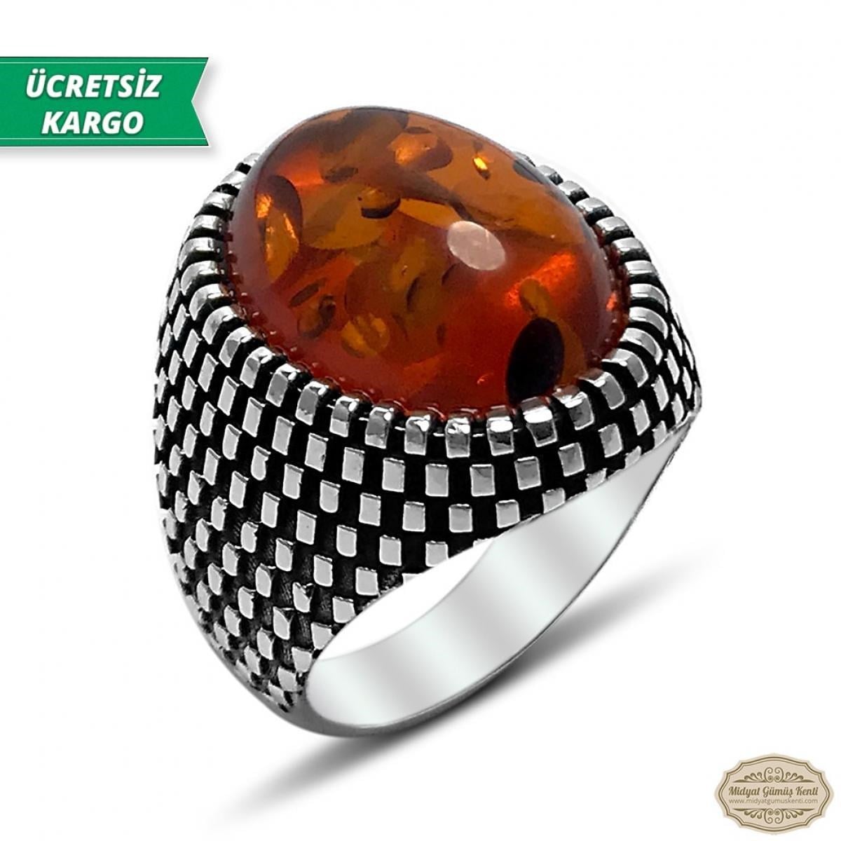 Kehribar Taşlı Asur Model 925 Ayar Gümüş Erkek Yüzük