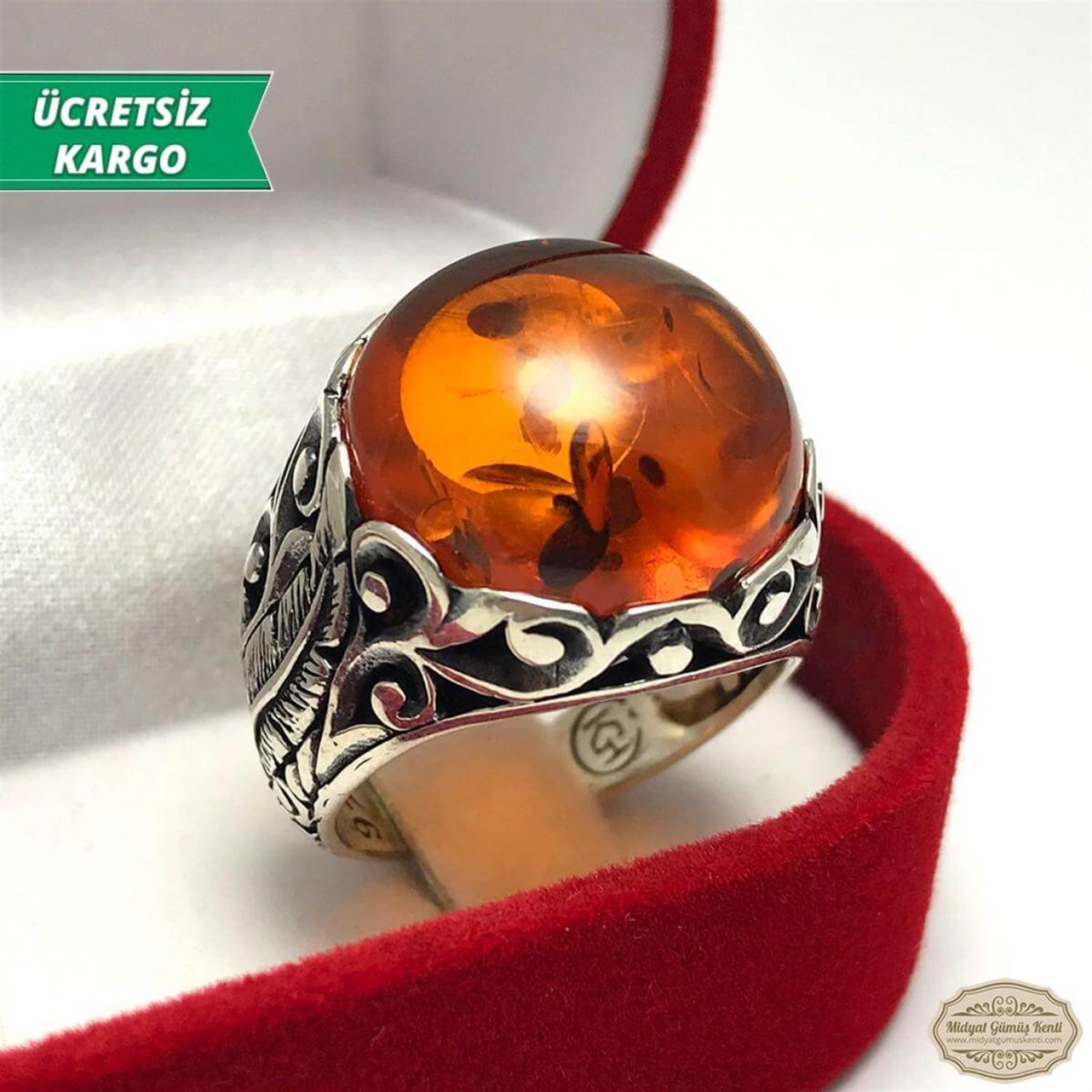 Kehribar Taşlı Erkek Gümüş Yüzük