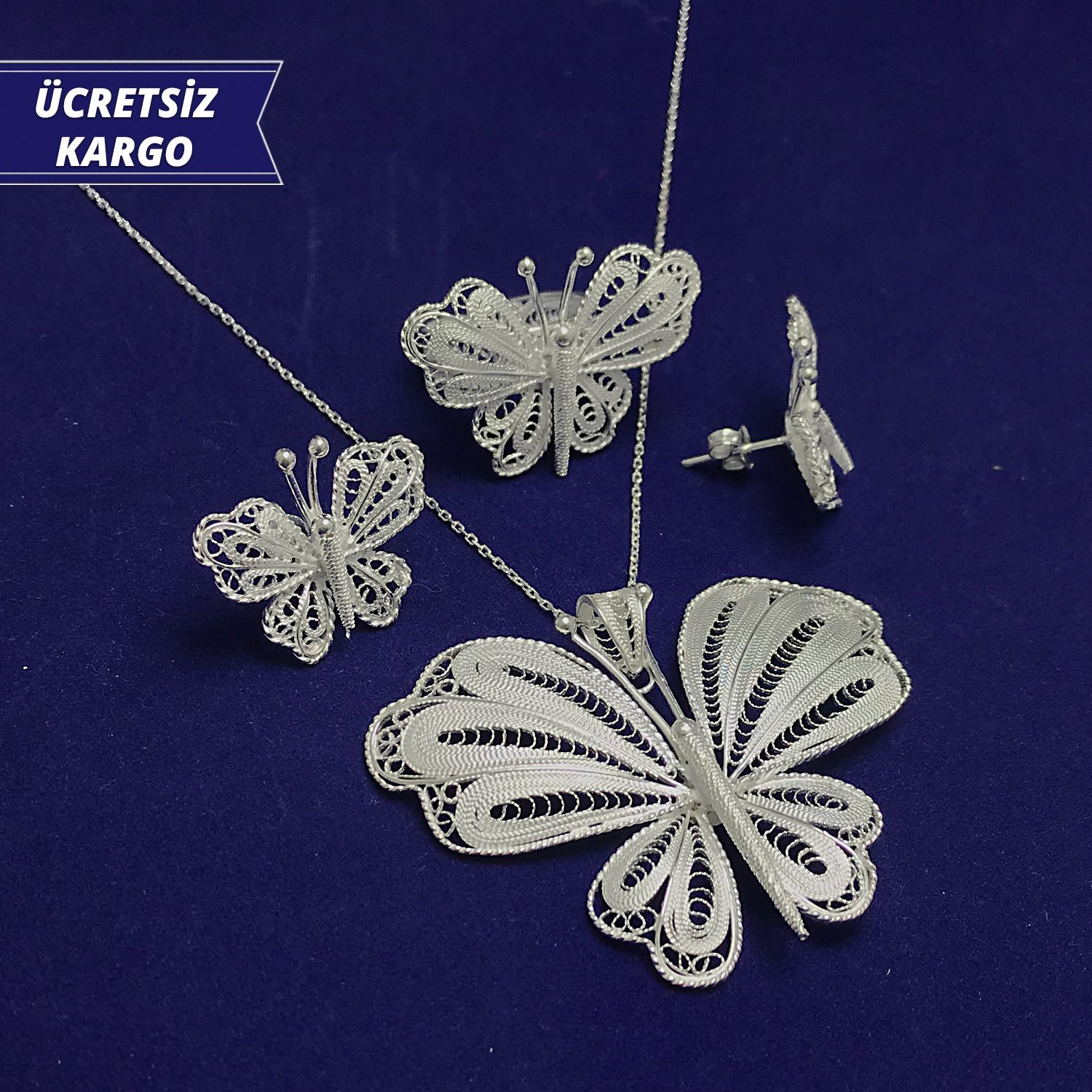 Kelebek Model 925 Ayar Telkari Bayan Gümüş Üçlü Set