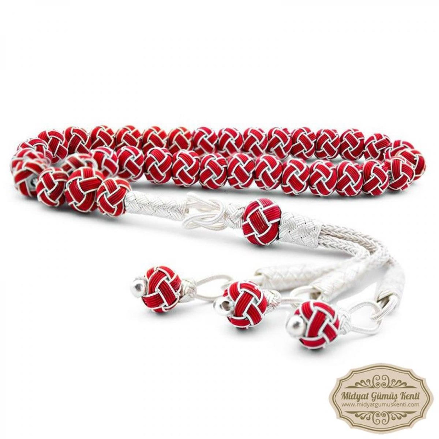 Kırmızı Beyaz Model 1000 Ayar El Örmesi Kazaziye Gümüş Tesbih