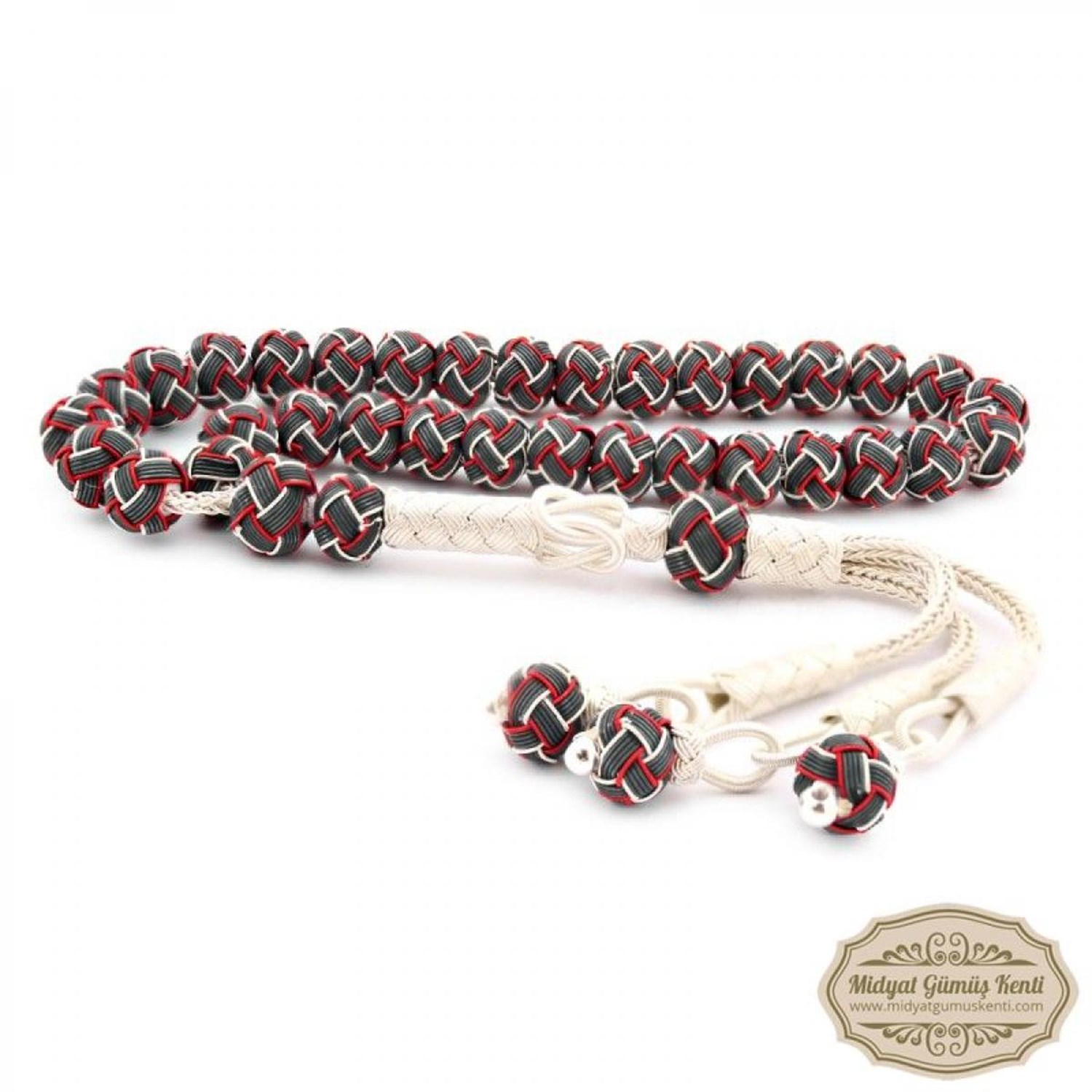 Kırmızı Beyaz Model 1000 Ayar El Örmesi Kazaziye Gümüş Tesbih