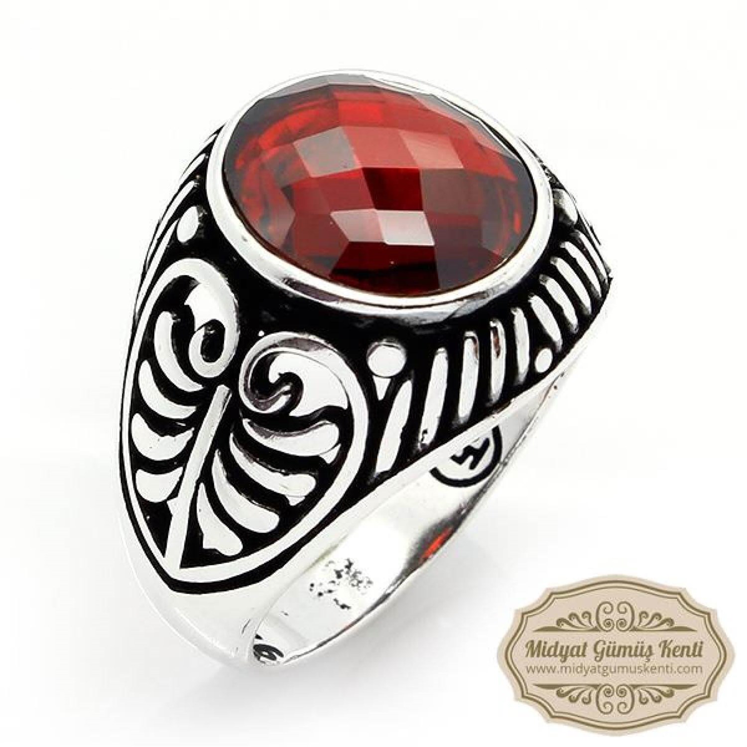 Kırmızı Zirkon Taşlı Elips Model Gümüş Erkek Yüzük