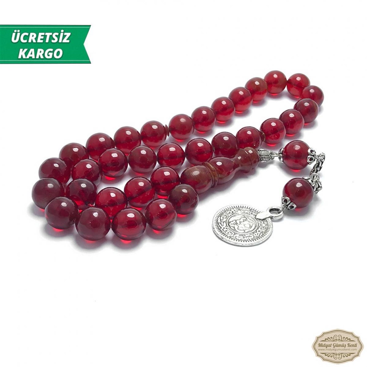 Kızıl Renkte Küre Kesim Sıkma Kehribar Tesbih