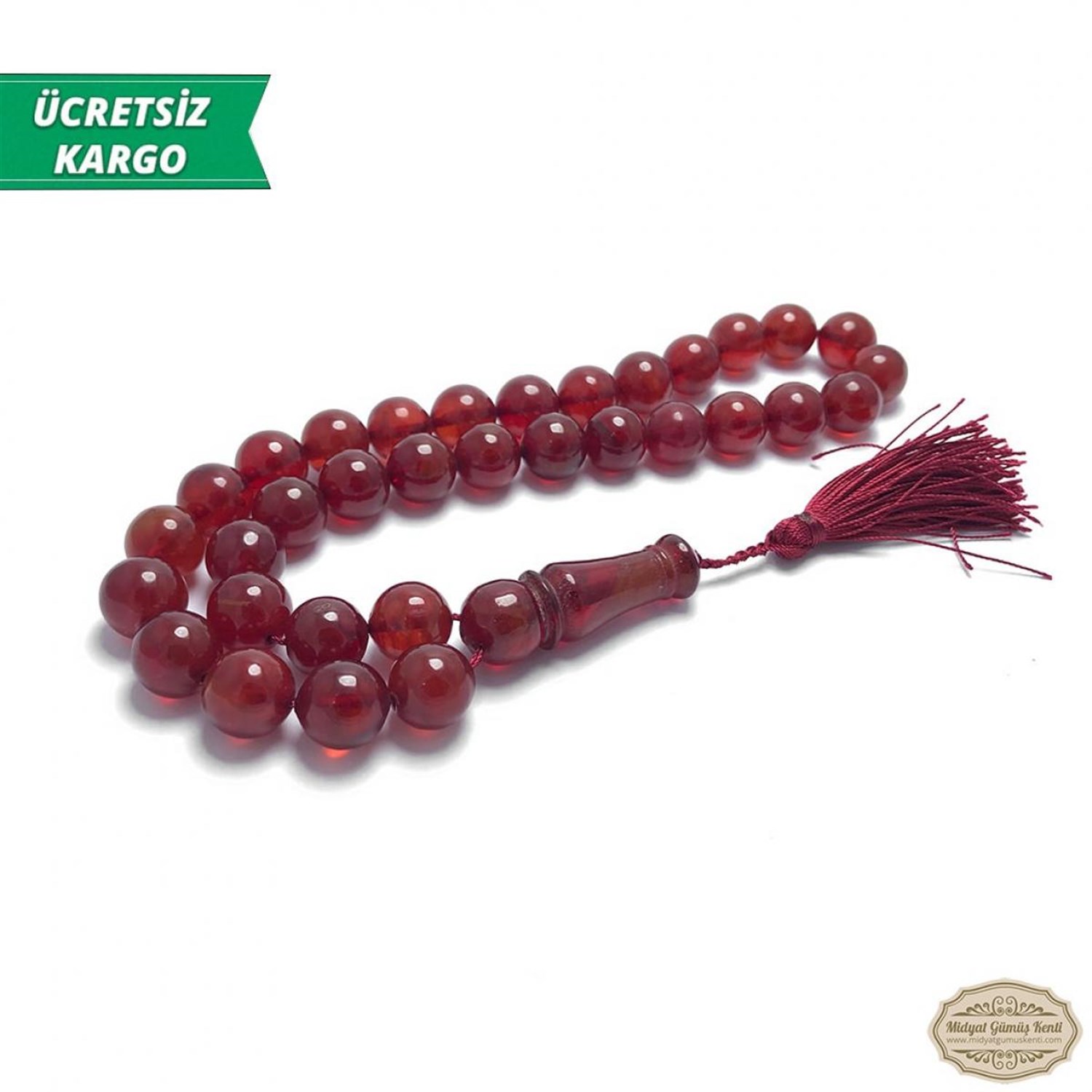 Kızıl Renkte Küre Kesim Sıkma Kehribar Tesbih
