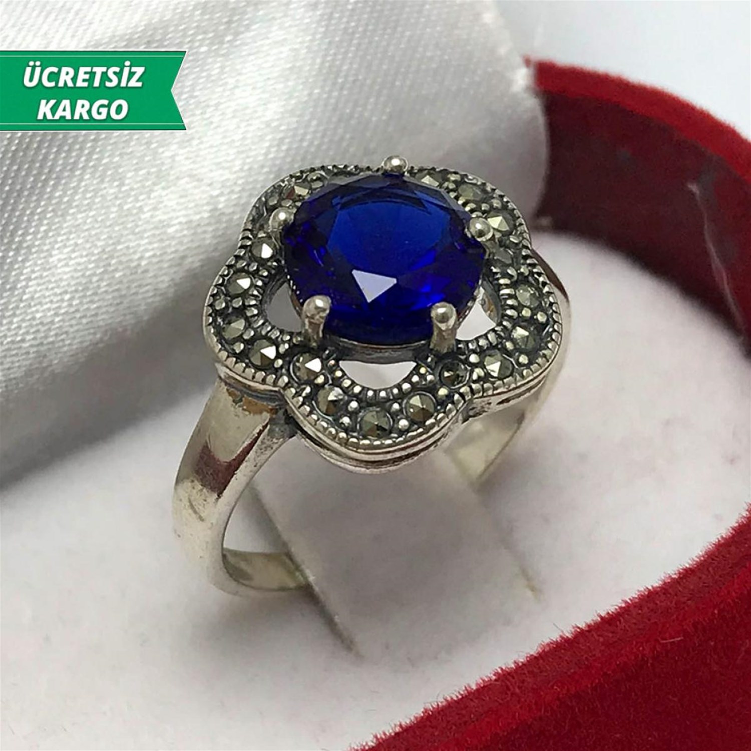 Kök Safir Taşlı Çiçek Model Markazit Bayan Gümüş Yüzük