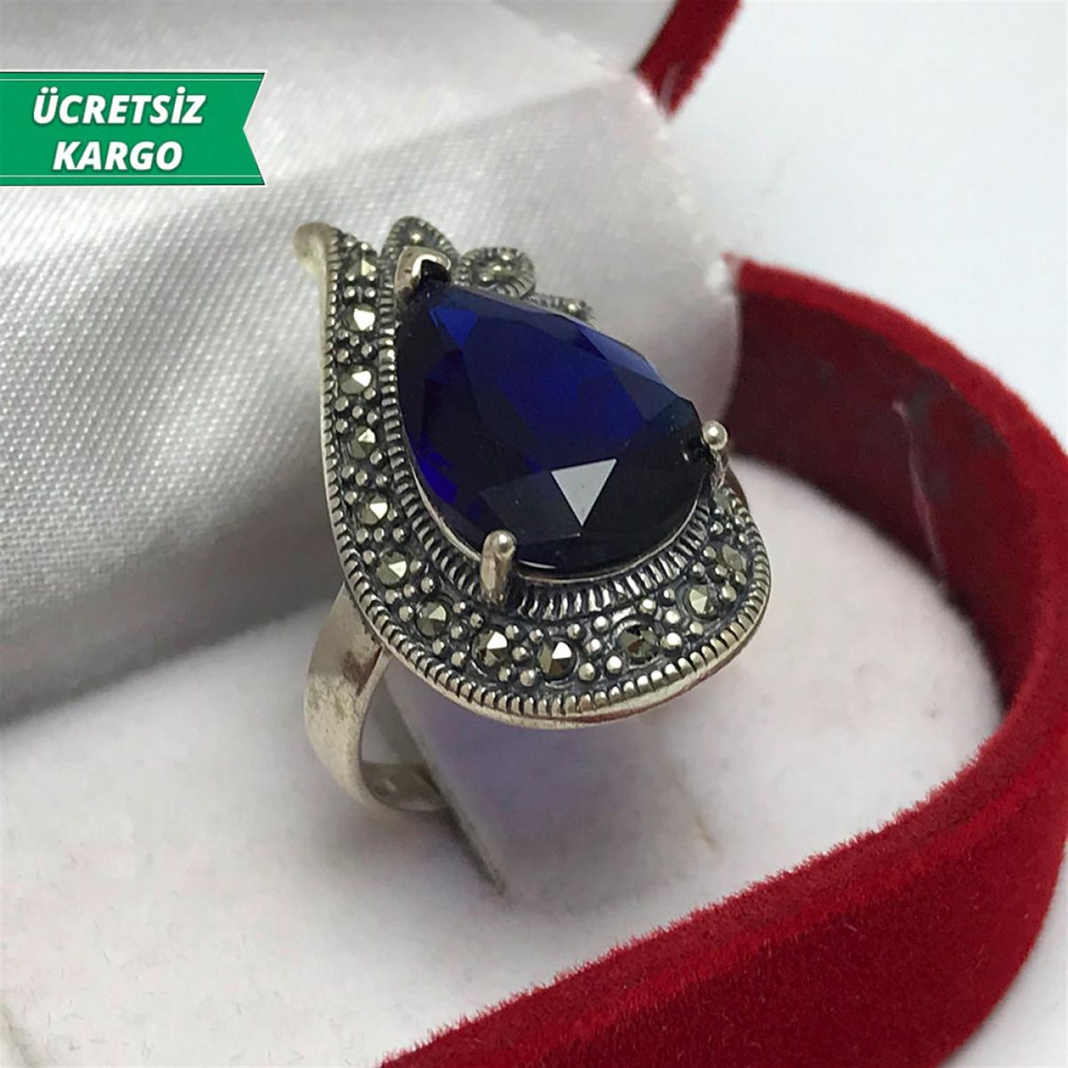 Kök Safir Taşlı Markazit Bayan Gümüş Yüzük