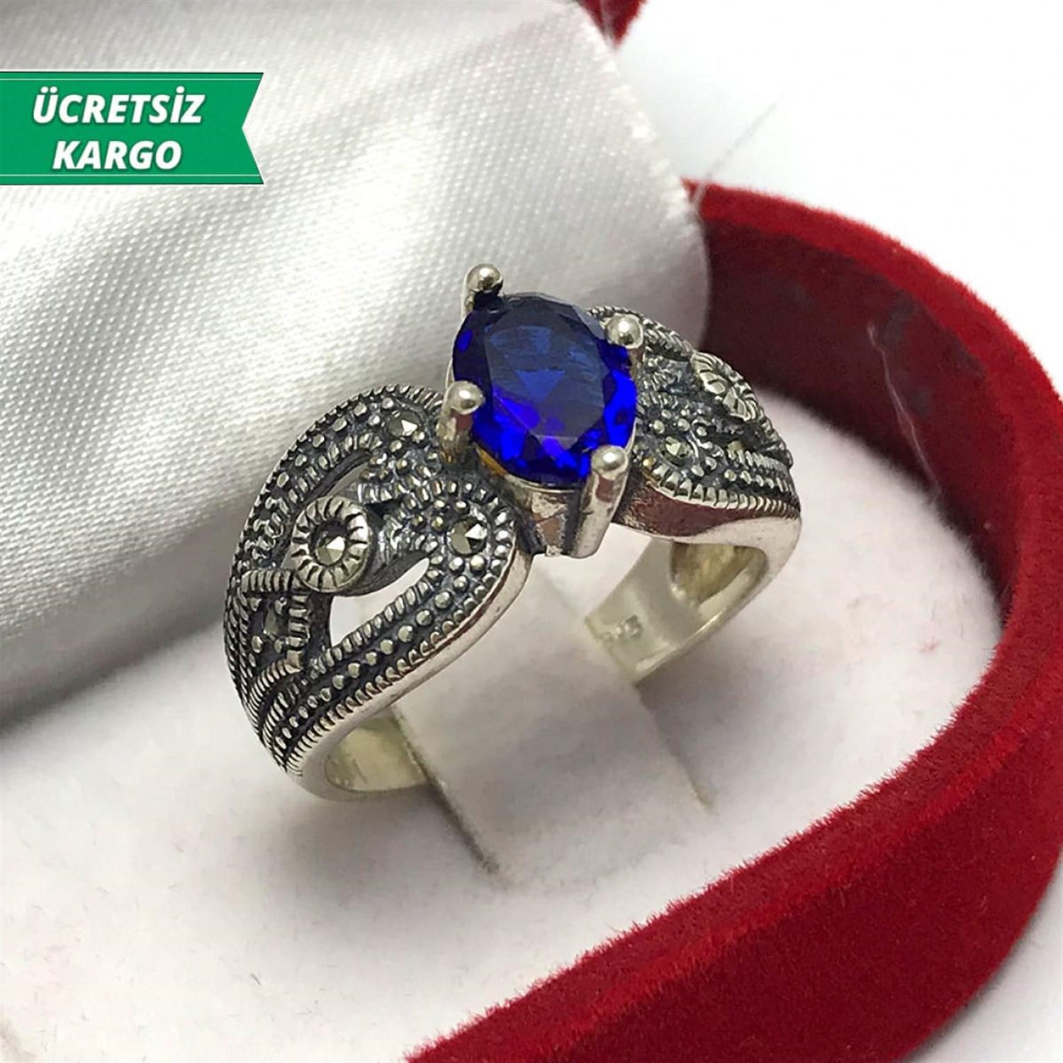 Kök Safir Taşlı Markazit Bayan Gümüş Yüzük