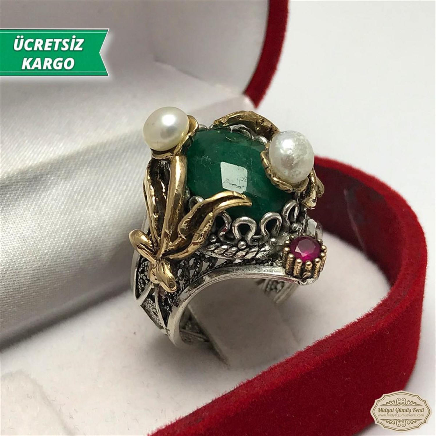 Kök Zümrüt Taşlı Çiçek Model Midyat Telkari Bayan Gümüş Yüzük