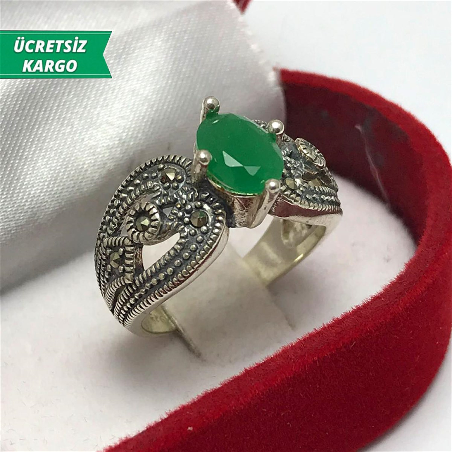 Kök Zümrüt Taşlı Markazit Bayan Gümüş Yüzük