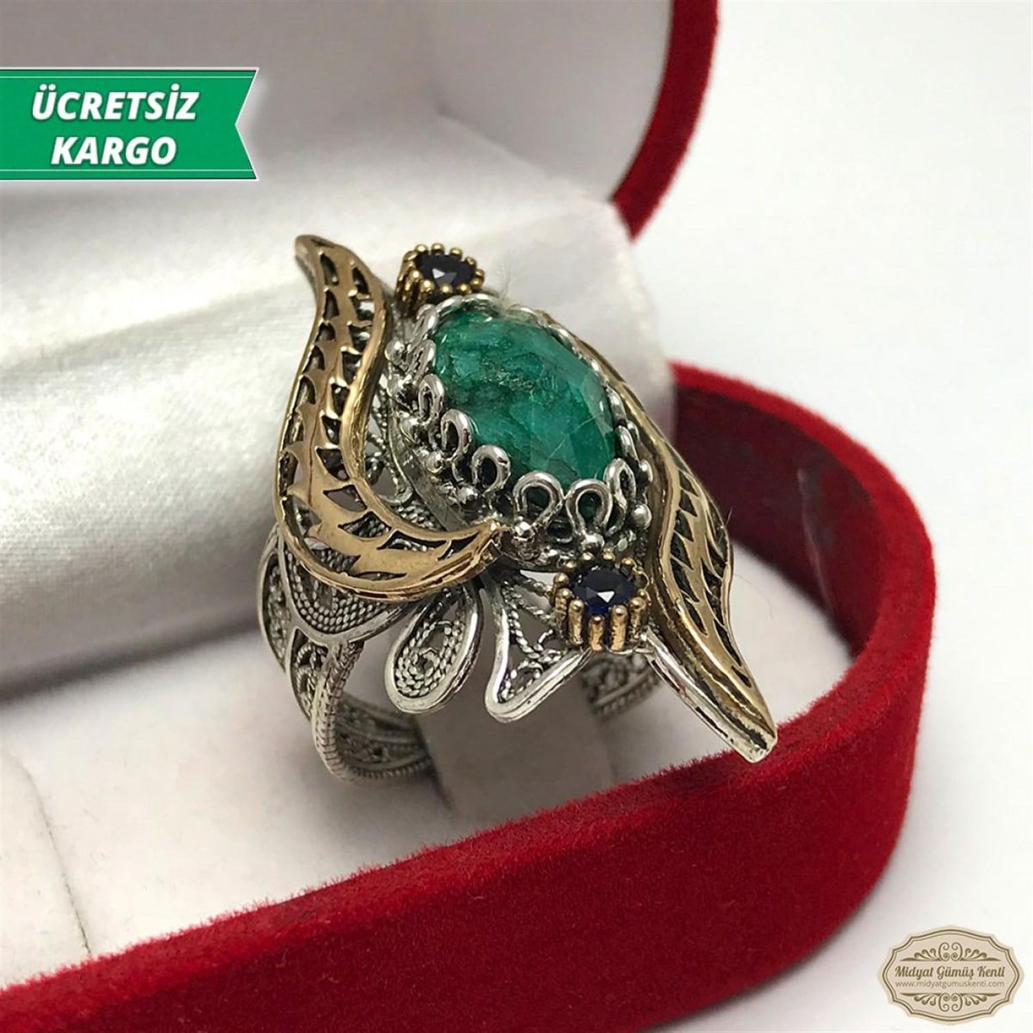 Kök Zümrüt Taşlı Midyat Telkari Bayan Gümüş Yüzük