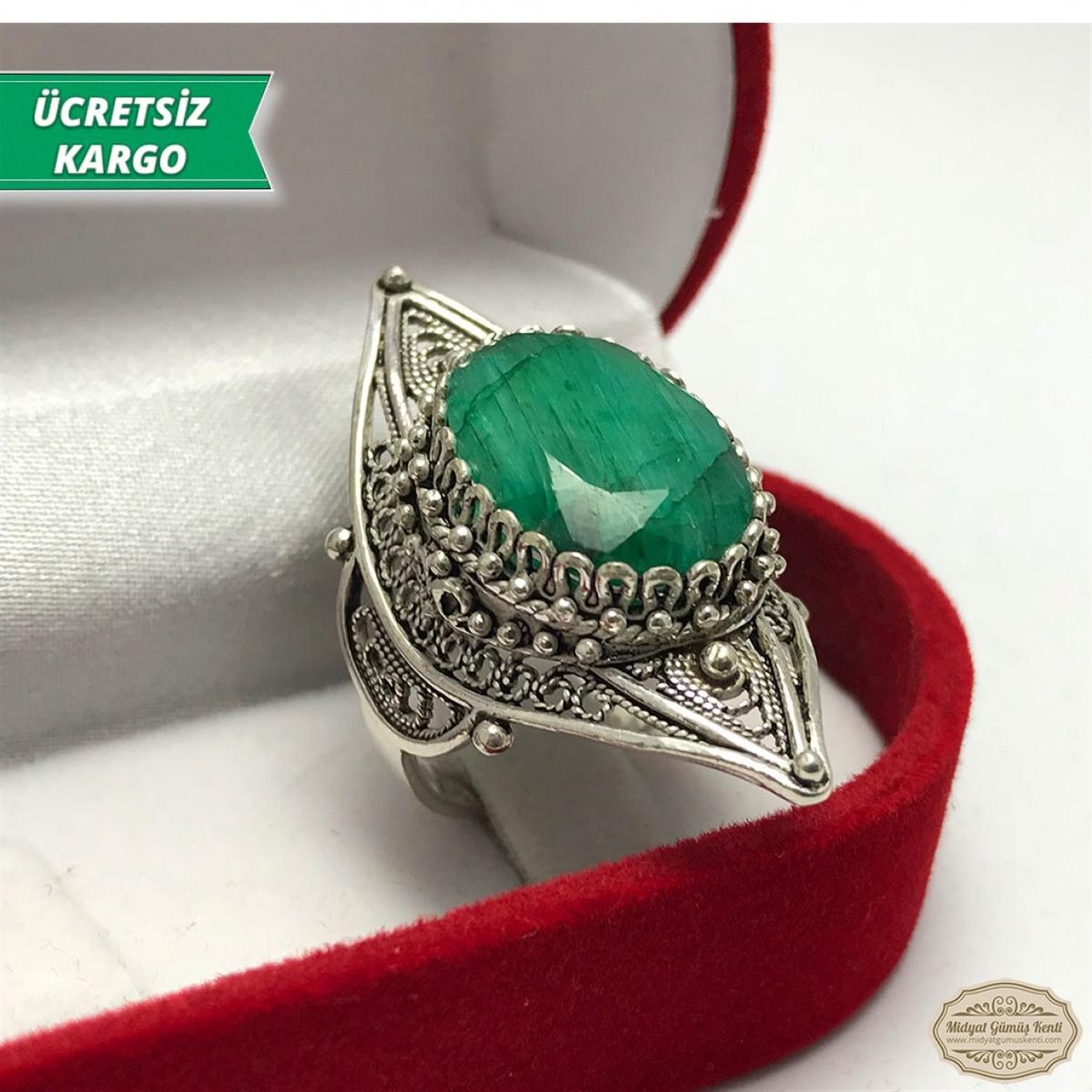 Kök Zümrüt Taşlı Midyat Telkari Bayan Gümüş Yüzük