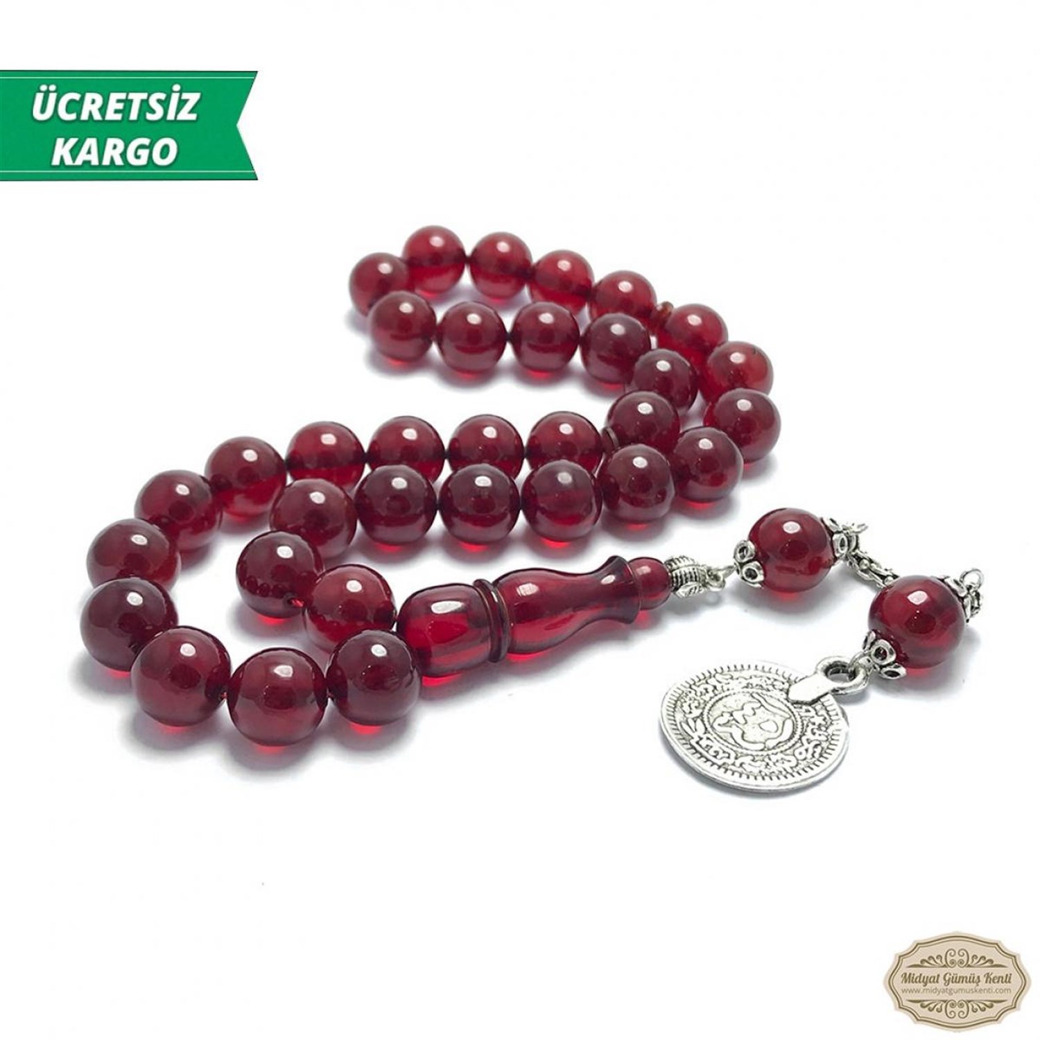 Küre Kesim Kızıl Renkte Sıkma Kehribar Tesbih